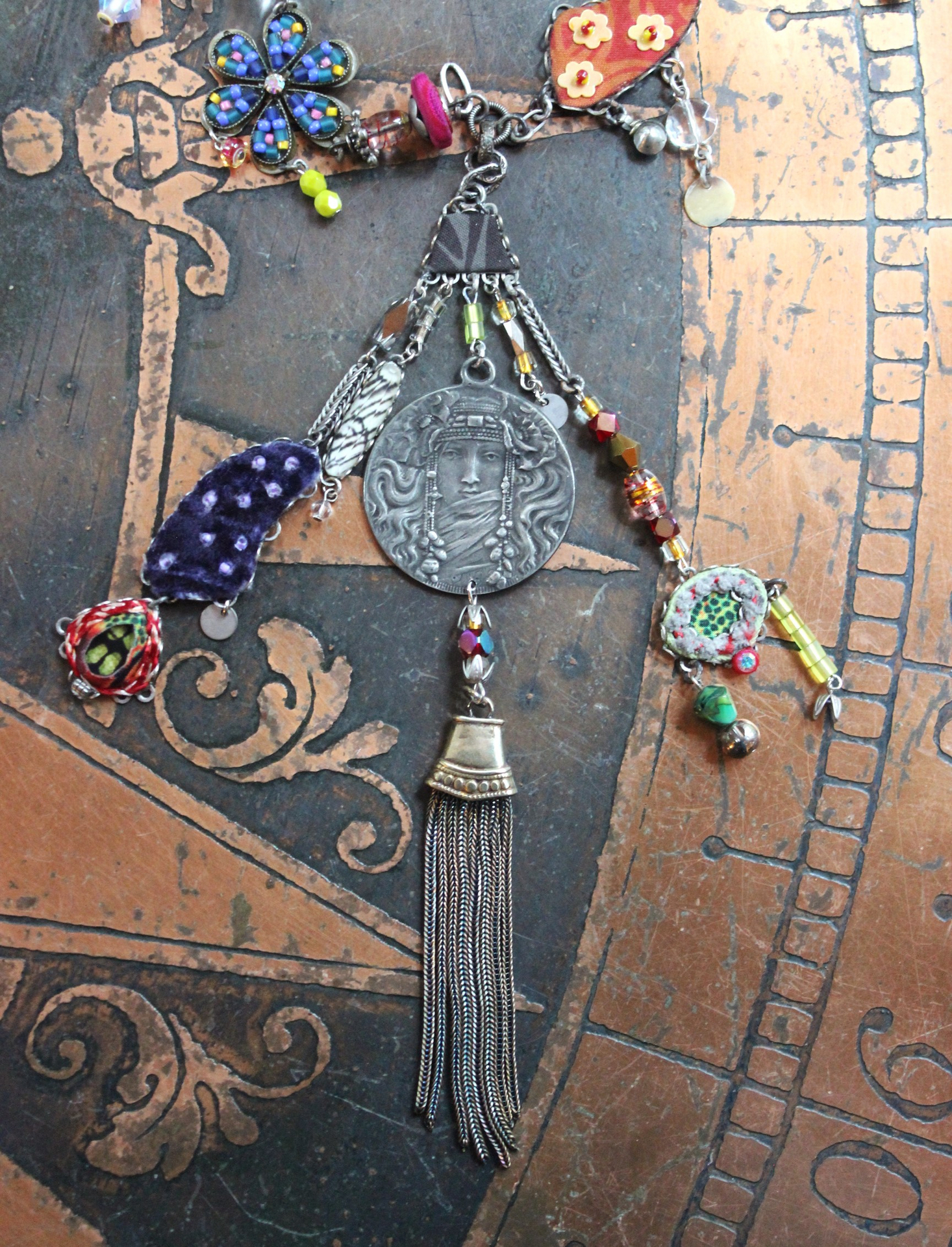 SOLD to J The Color of Thoughts Necklace with Intricate Goddess Pendant, Dozens of Unique Artisan Findings, Drops, and Beads