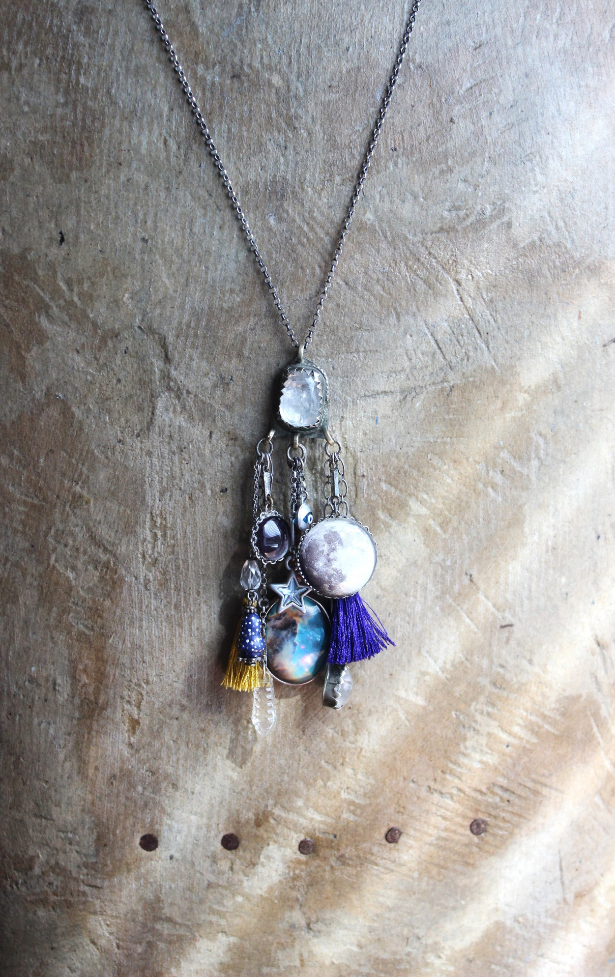 SOLD to J Peace in Your Soul Necklace with Pillars of Creation Pendant, Moon Orbs, Faceted Rock Quartz, Tiny Eye of God and Much More!