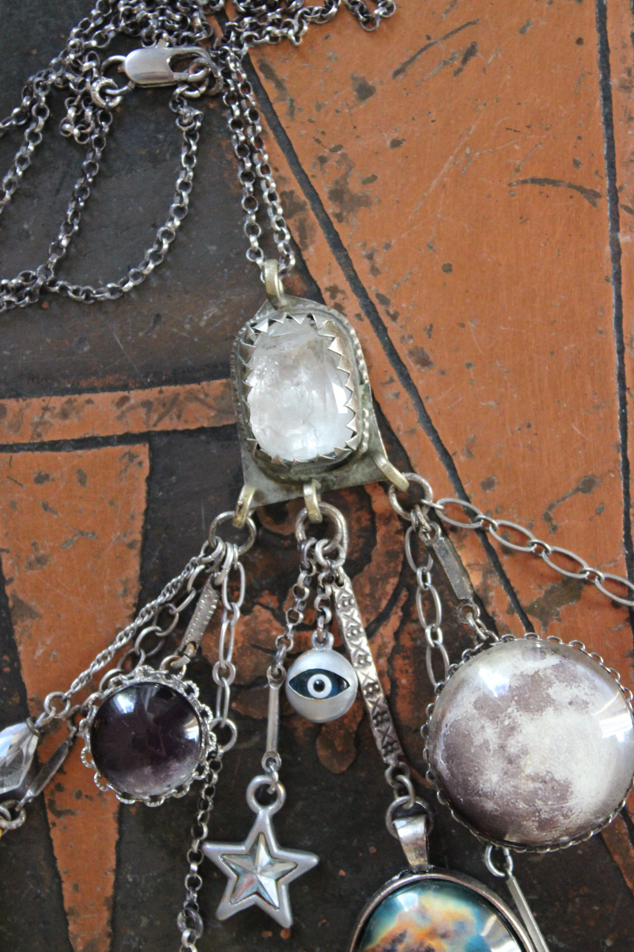 SOLD to J Peace in Your Soul Necklace with Pillars of Creation Pendant, Moon Orbs, Faceted Rock Quartz, Tiny Eye of God and Much More!