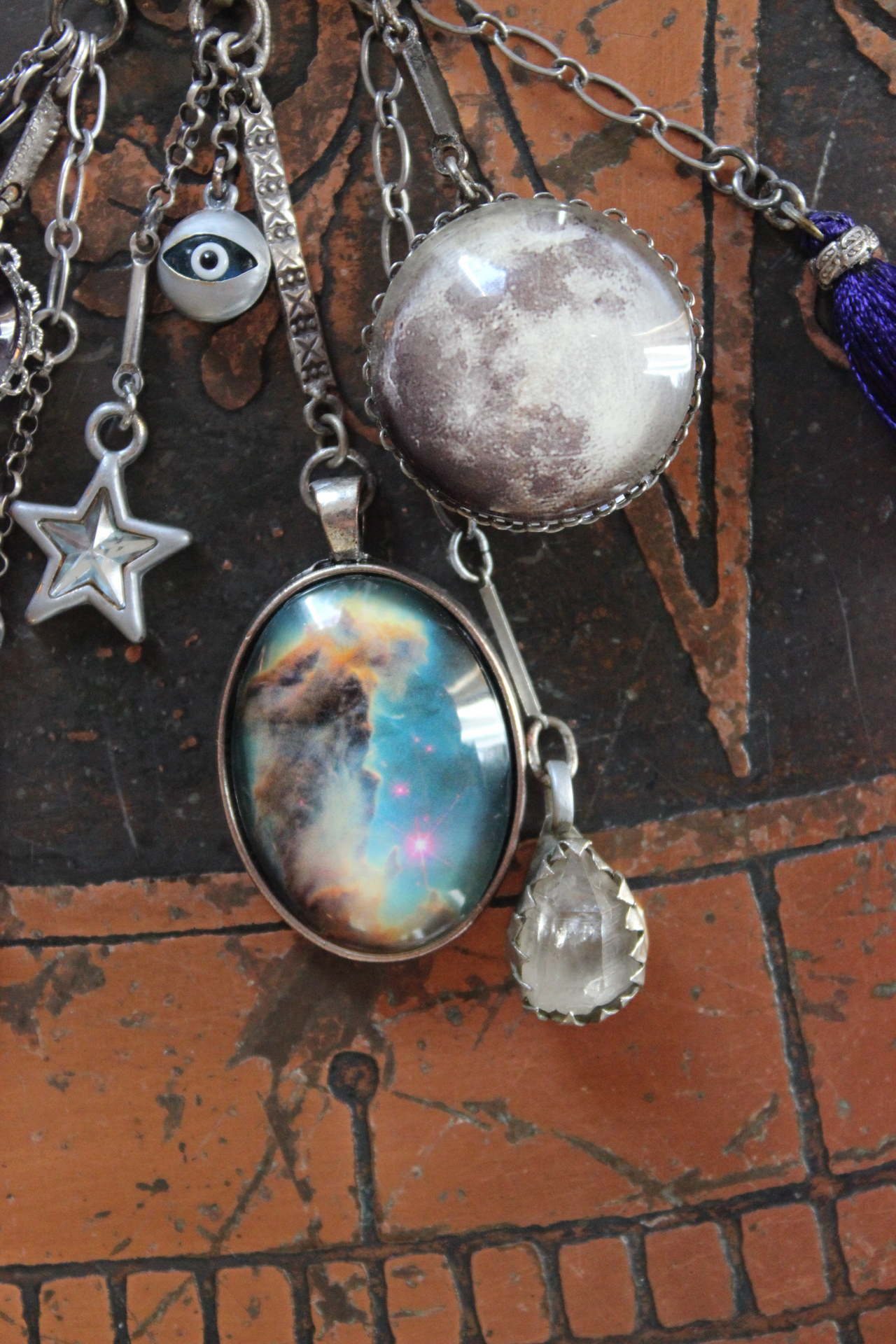 SOLD to J Peace in Your Soul Necklace with Pillars of Creation Pendant, Moon Orbs, Faceted Rock Quartz, Tiny Eye of God and Much More!