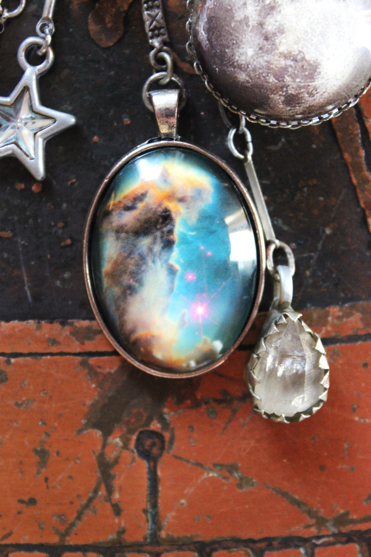 SOLD to J Peace in Your Soul Necklace with Pillars of Creation Pendant, Moon Orbs, Faceted Rock Quartz, Tiny Eye of God and Much More!