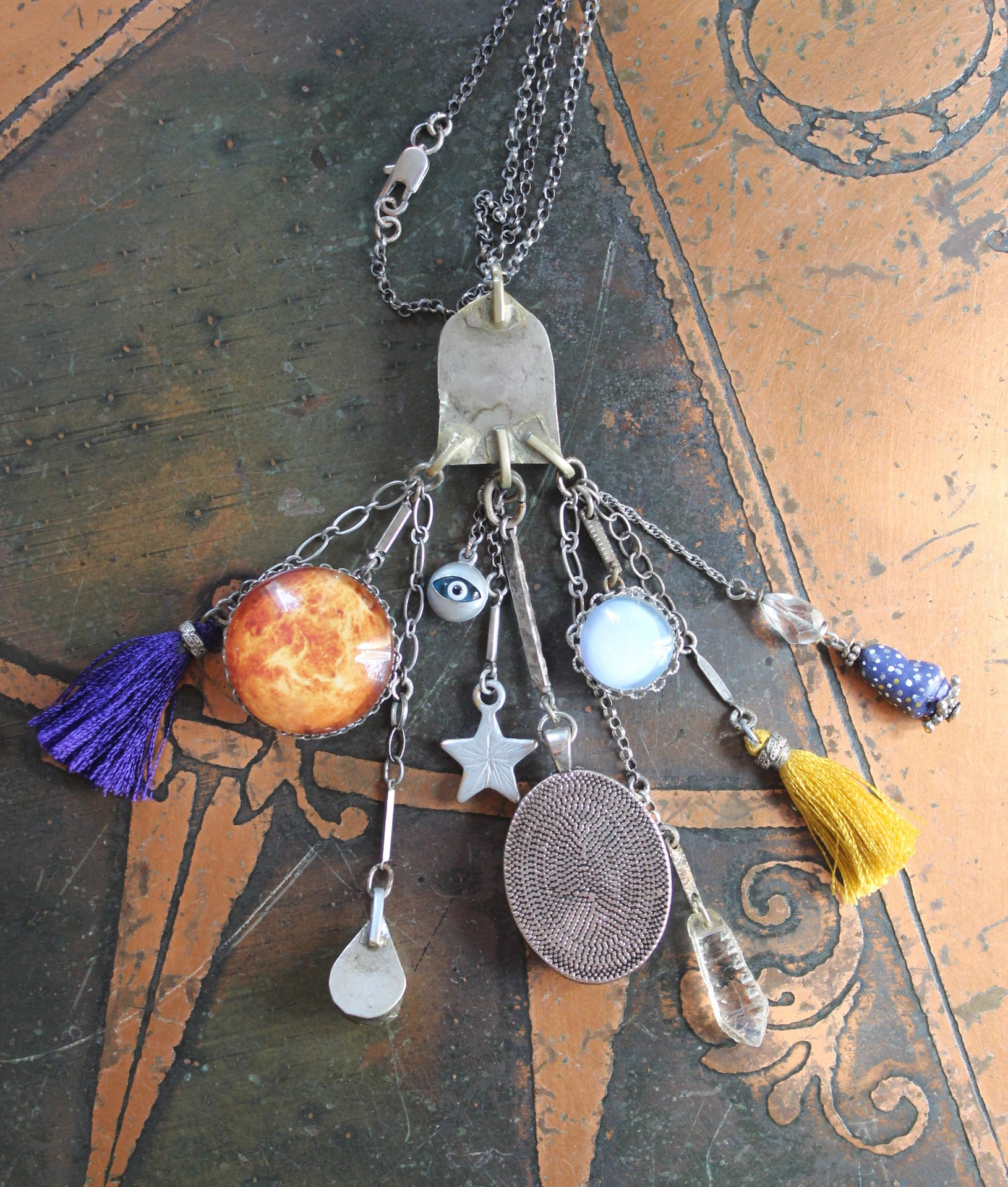 SOLD to J Peace in Your Soul Necklace with Pillars of Creation Pendant, Moon Orbs, Faceted Rock Quartz, Tiny Eye of God and Much More!