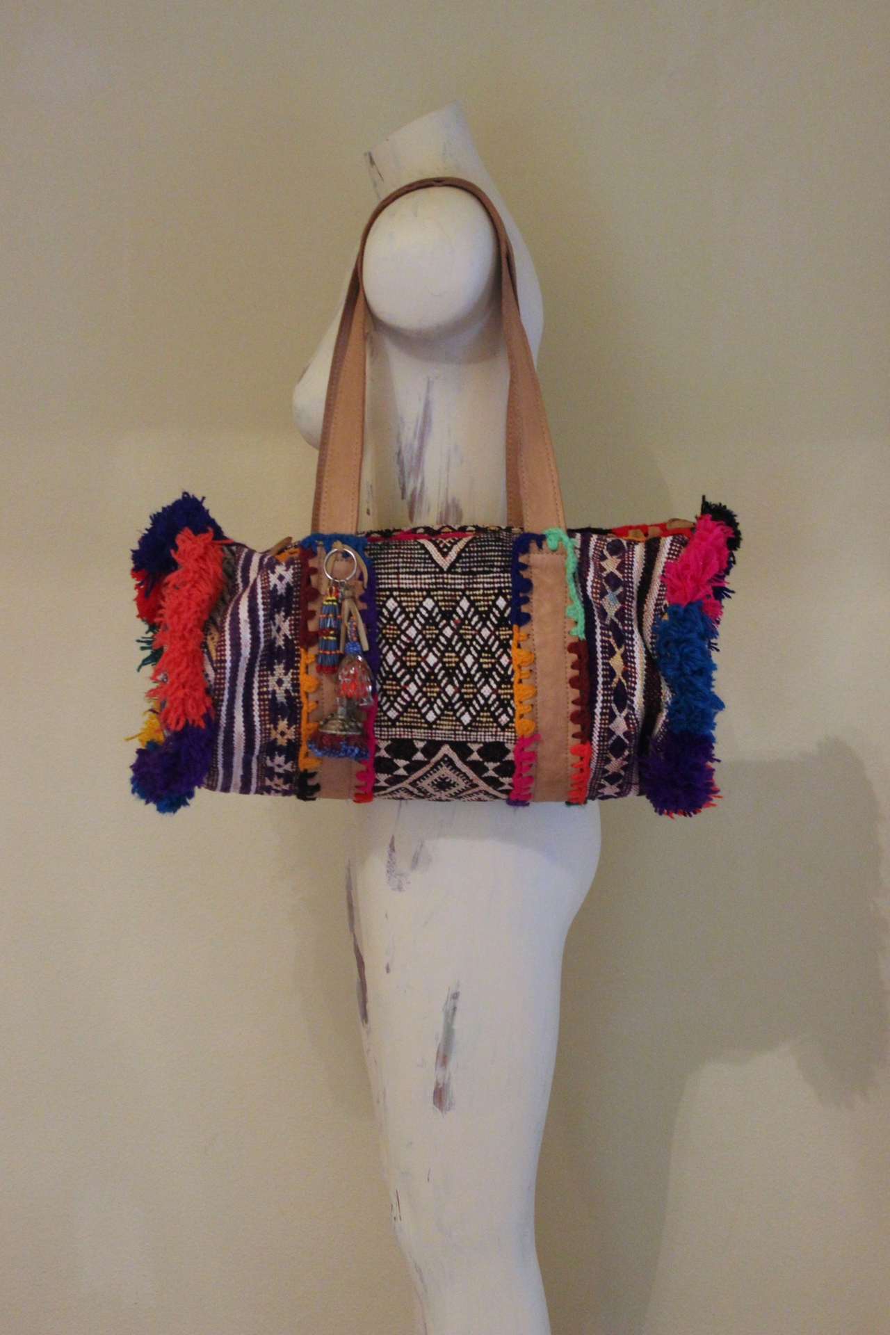 Unique En Shalla Leather and Textile Bag with Antique Gypsy Tassels, Crocheted Yarn and Fringe Accents and Amazing Loomed Textiles!