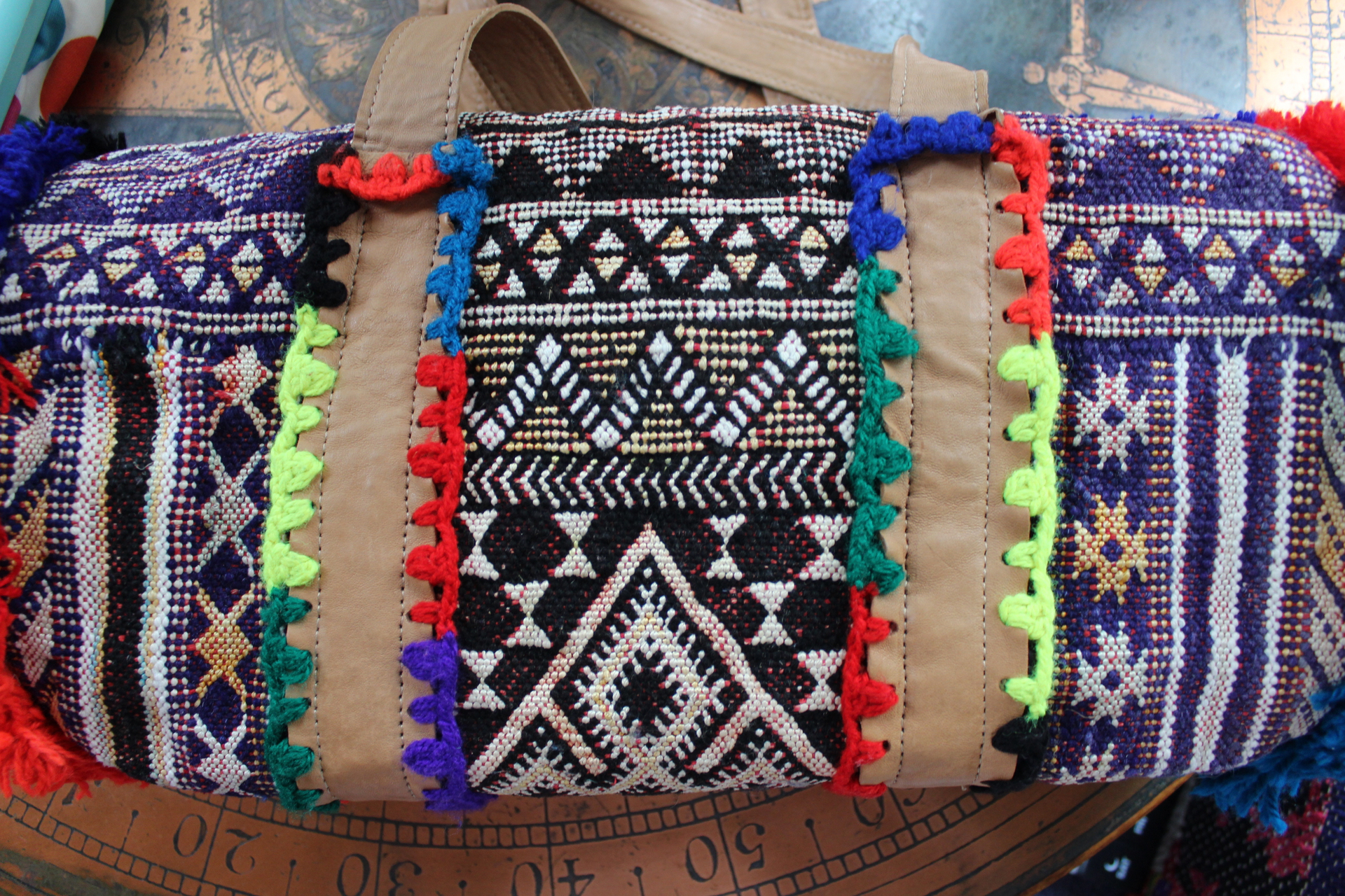 Unique En Shalla Leather and Textile Bag with Antique Gypsy Tassels, Crocheted Yarn and Fringe Accents and Amazing Loomed Textiles!