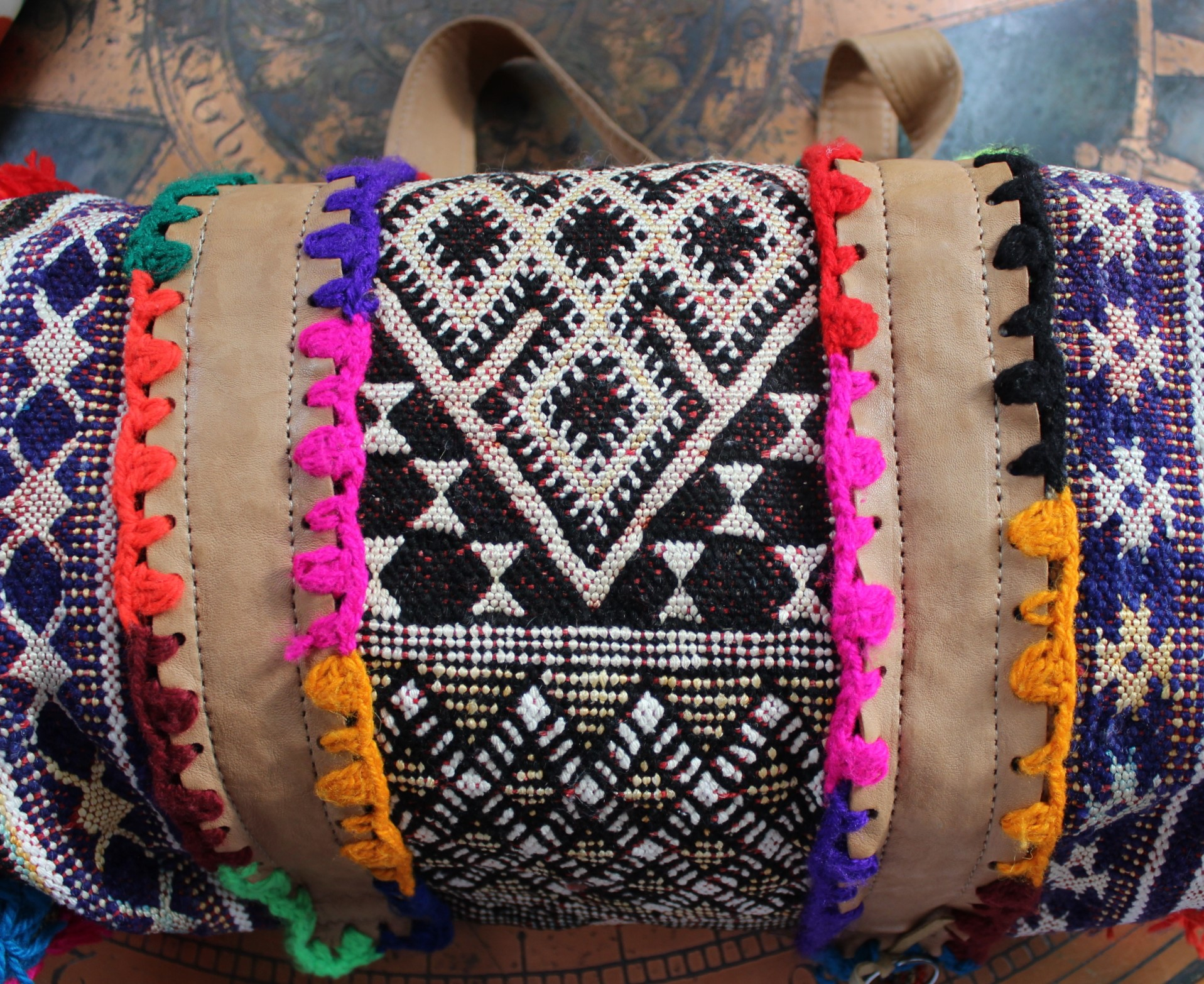 Unique En Shalla Leather and Textile Bag with Antique Gypsy Tassels, Crocheted Yarn and Fringe Accents and Amazing Loomed Textiles!