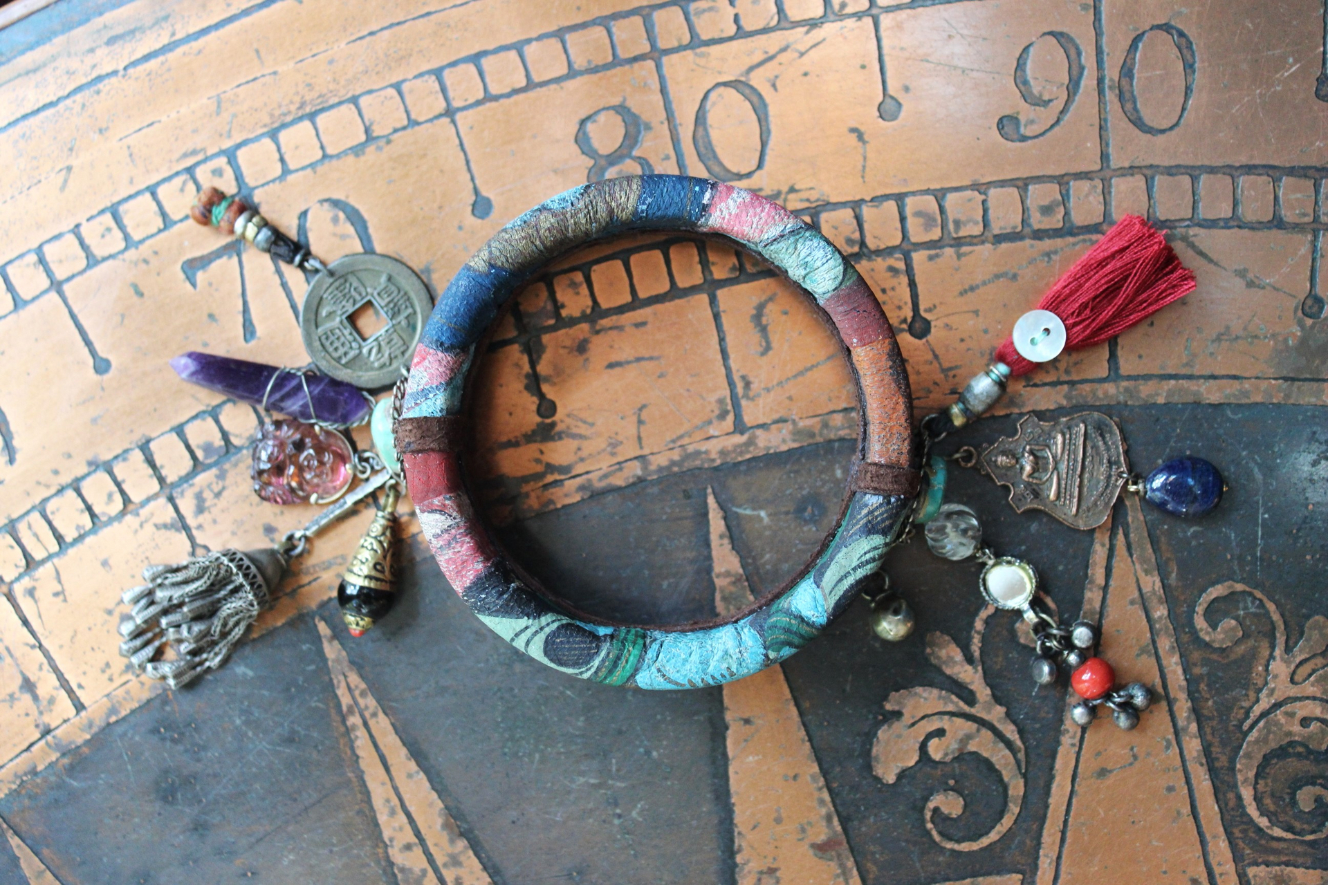 Invite Them In Necklace & Bracelet Set with Antique Hand Painted Thangka,Ghost Quartz Point Pendant,Carved Tourmaline Buddha,Foxtail Chain Tassel,Antique Buddha Medal & Much More!