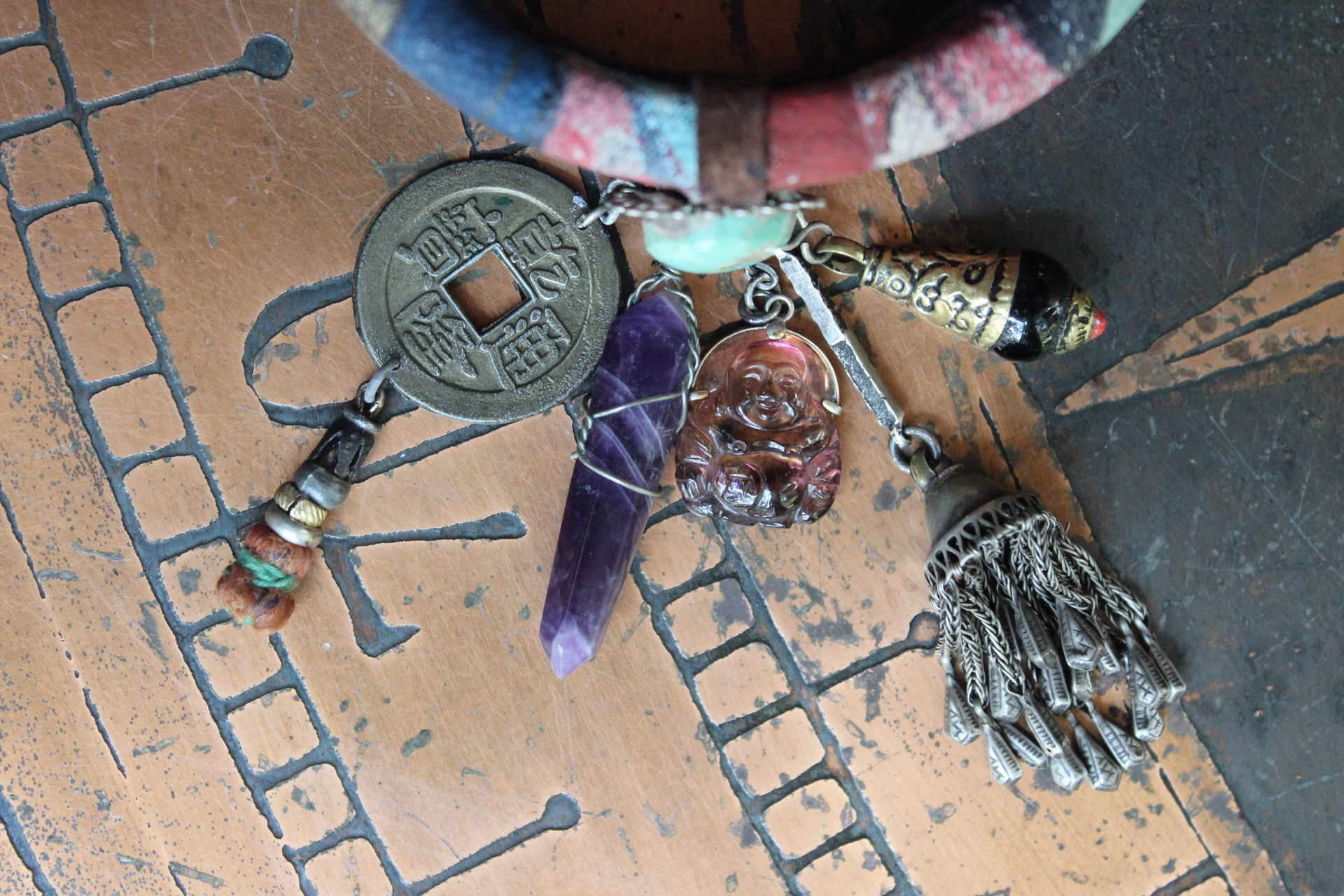 Invite Them In Necklace & Bracelet Set with Antique Hand Painted Thangka,Ghost Quartz Point Pendant,Carved Tourmaline Buddha,Foxtail Chain Tassel,Antique Buddha Medal & Much More!