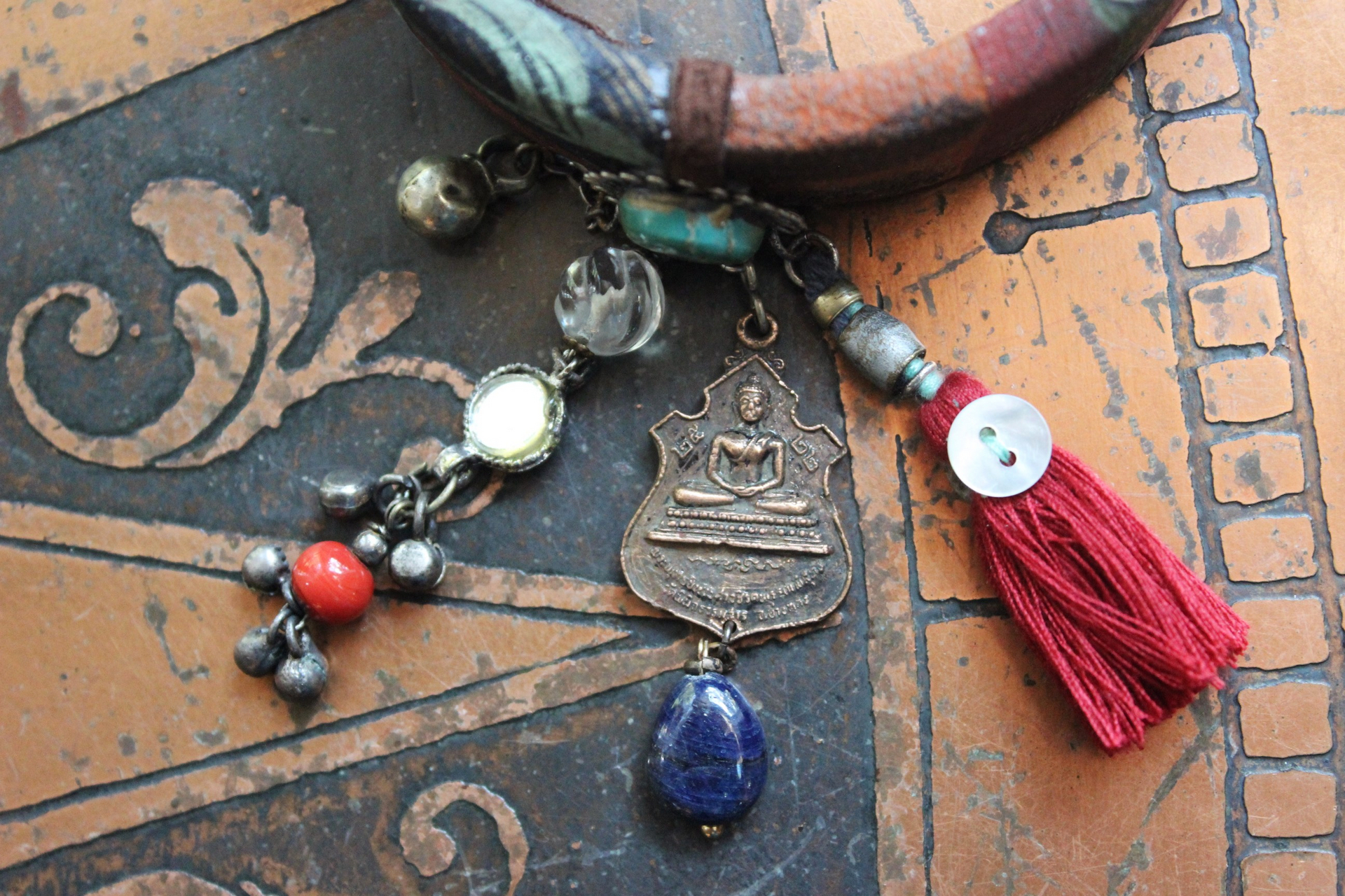 NEW! Invite Them In Necklace & Bracelet Set with Antique Hand Painted Thangka,Ghost Quartz Point Pendant,Carved Tourmaline Buddha,Foxtail Chain Tassel,Antique Buddha Medal & Much More!