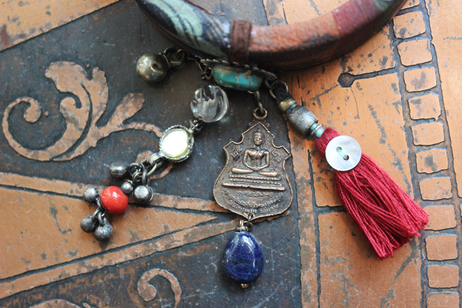 Invite Them In Necklace & Bracelet Set with Antique Hand Painted Thangka,Ghost Quartz Point Pendant,Carved Tourmaline Buddha,Foxtail Chain Tassel,Antique Buddha Medal & Much More!