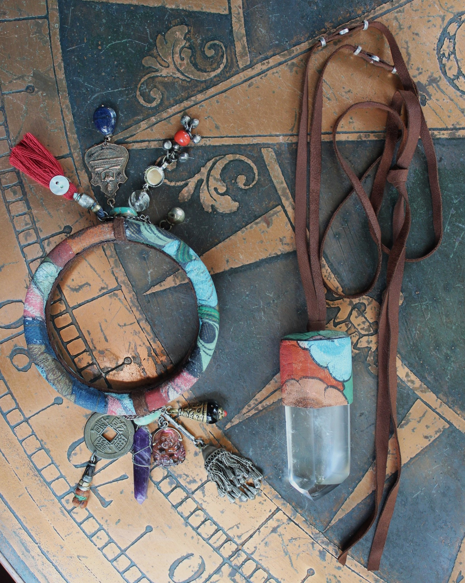 Invite Them In Necklace & Bracelet Set with Antique Hand Painted Thangka,Ghost Quartz Point Pendant,Carved Tourmaline Buddha,Foxtail Chain Tassel,Antique Buddha Medal & Much More!