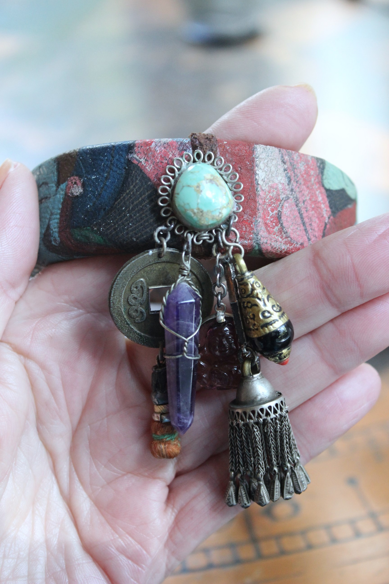 Invite Them In Necklace & Bracelet Set with Antique Hand Painted Thangka,Ghost Quartz Point Pendant,Carved Tourmaline Buddha,Foxtail Chain Tassel,Antique Buddha Medal & Much More!