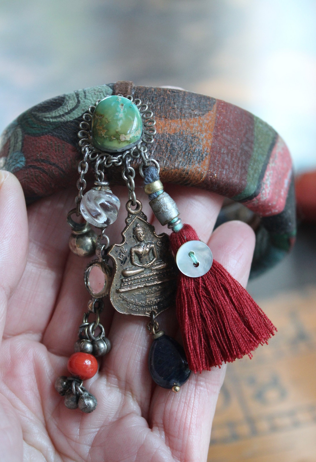 Invite Them In Necklace & Bracelet Set with Antique Hand Painted Thangka,Ghost Quartz Point Pendant,Carved Tourmaline Buddha,Foxtail Chain Tassel,Antique Buddha Medal & Much More!