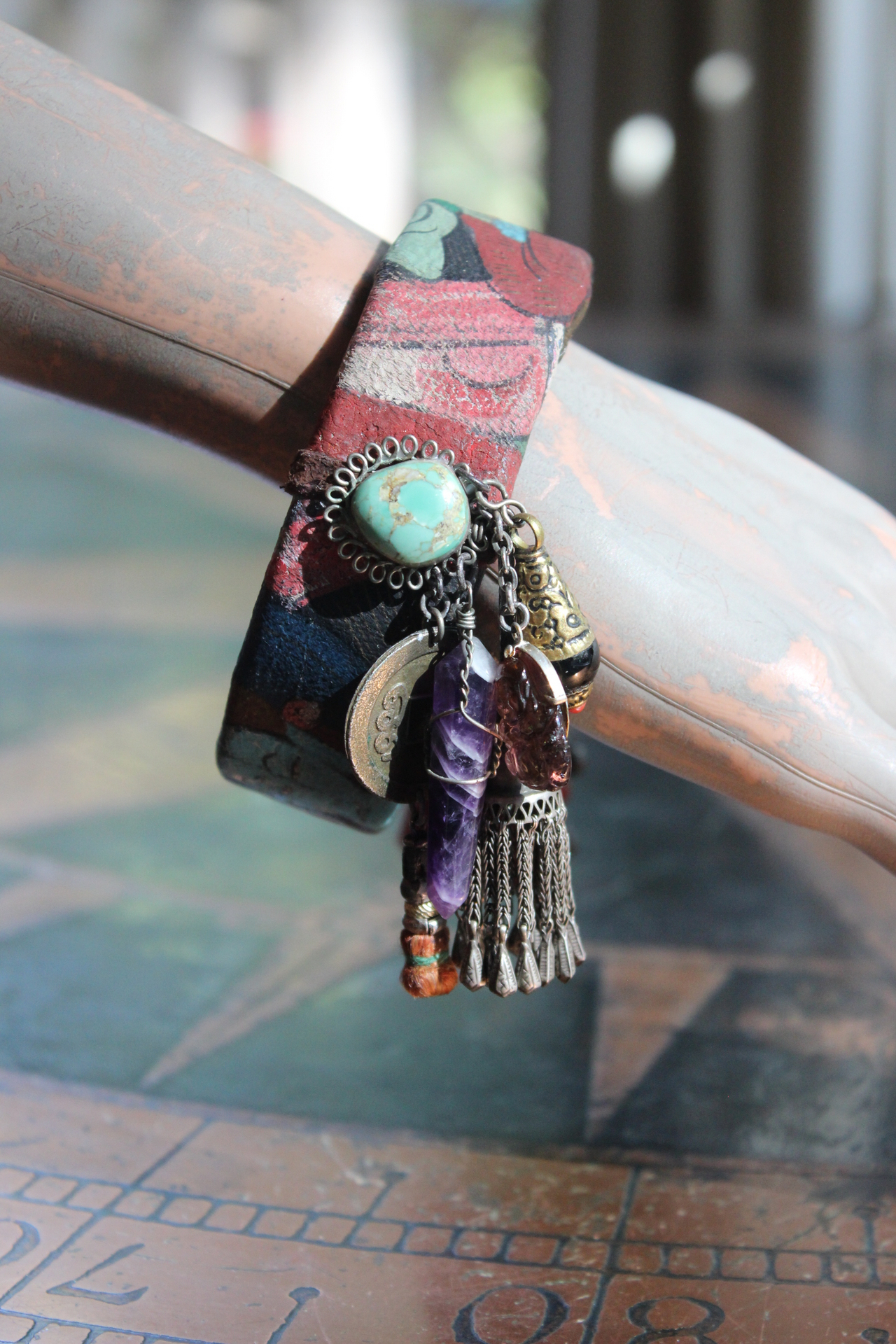 Invite Them In Necklace & Bracelet Set with Antique Hand Painted Thangka,Ghost Quartz Point Pendant,Carved Tourmaline Buddha,Foxtail Chain Tassel,Antique Buddha Medal & Much More!