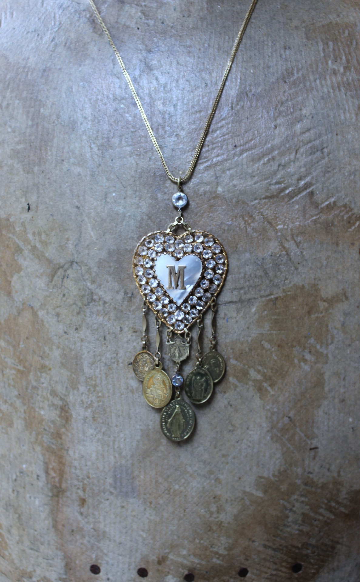 Rare Antique French Ex Voto Rhinestone Locket Necklace with Antique French Medals,Sterling Vermeil Foxtail Chain and 14K Gold Clasp
