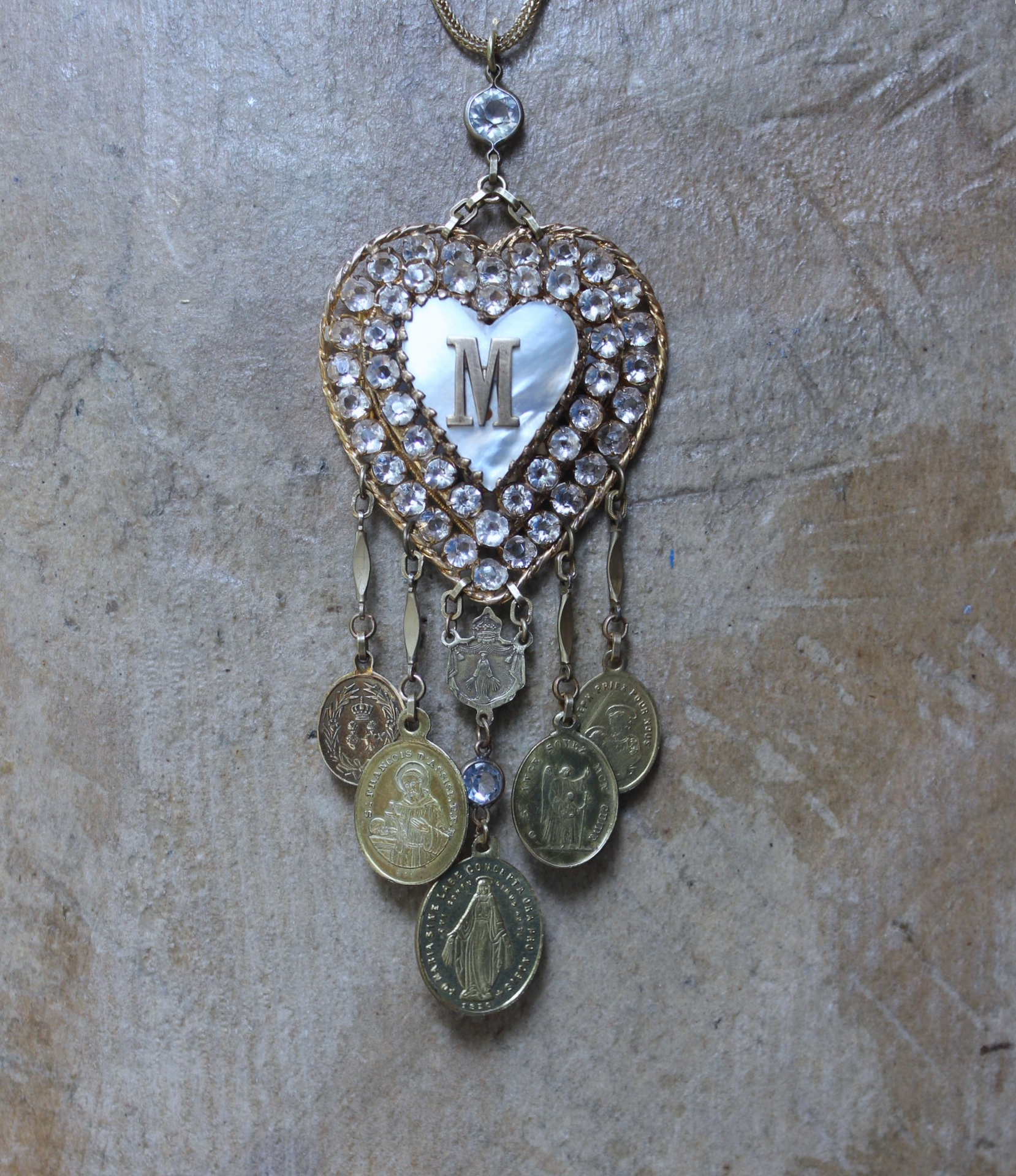Rare Antique French Ex Voto Rhinestone Locket Necklace with Antique French Medals,Sterling Vermeil Foxtail Chain and 14K Gold Clasp