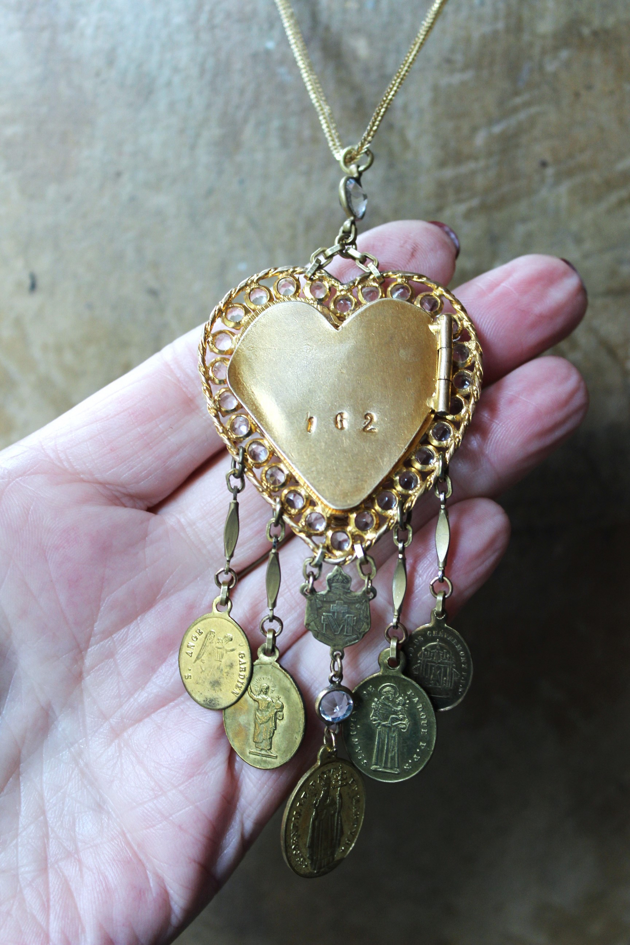 NEW! Rare Antique French Ex Voto Rhinestone Locket Necklace with Antique French Medals,Sterling Vermeil Foxtail Chain and 14K Gold Clasp