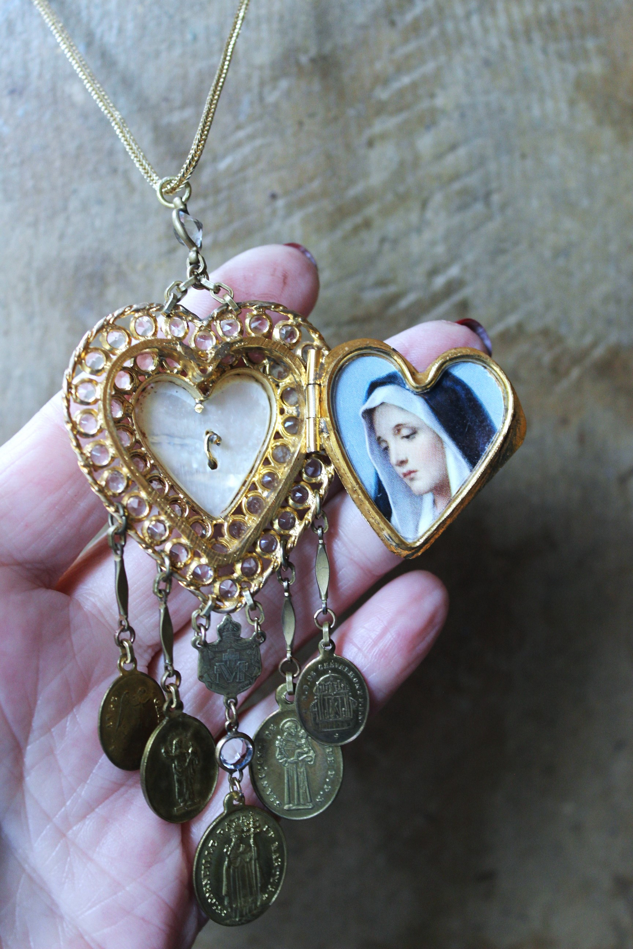 Rare Antique French Ex Voto Rhinestone Locket Necklace with Antique French Medals,Sterling Vermeil Foxtail Chain and 14K Gold Clasp