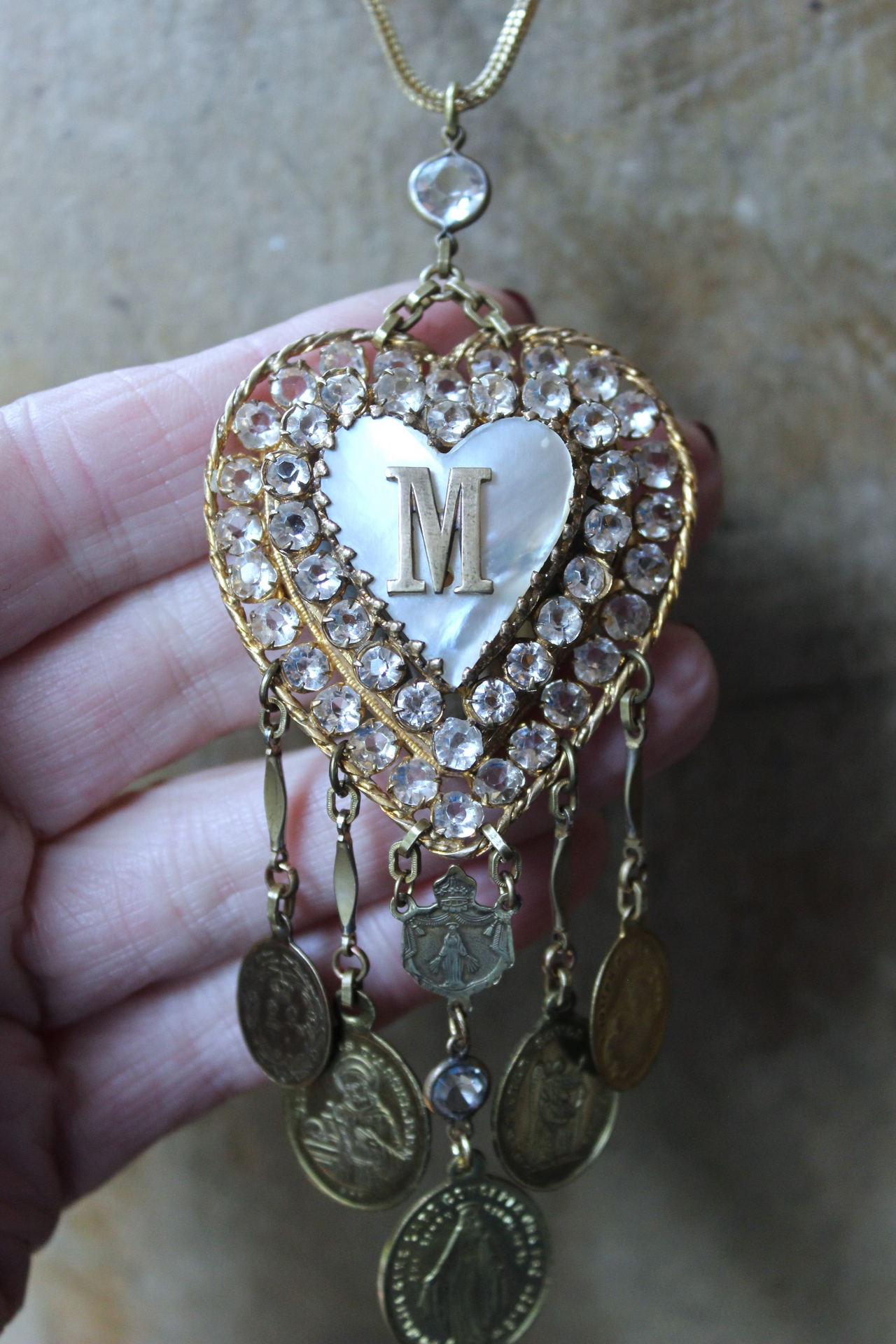 Rare Antique French Ex Voto Rhinestone Locket Necklace with Antique French Medals,Sterling Vermeil Foxtail Chain and 14K Gold Clasp