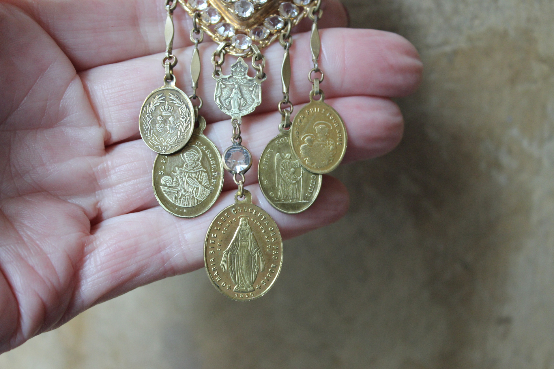 Rare Antique French Ex Voto Rhinestone Locket Necklace with Antique French Medals,Sterling Vermeil Foxtail Chain and 14K Gold Clasp