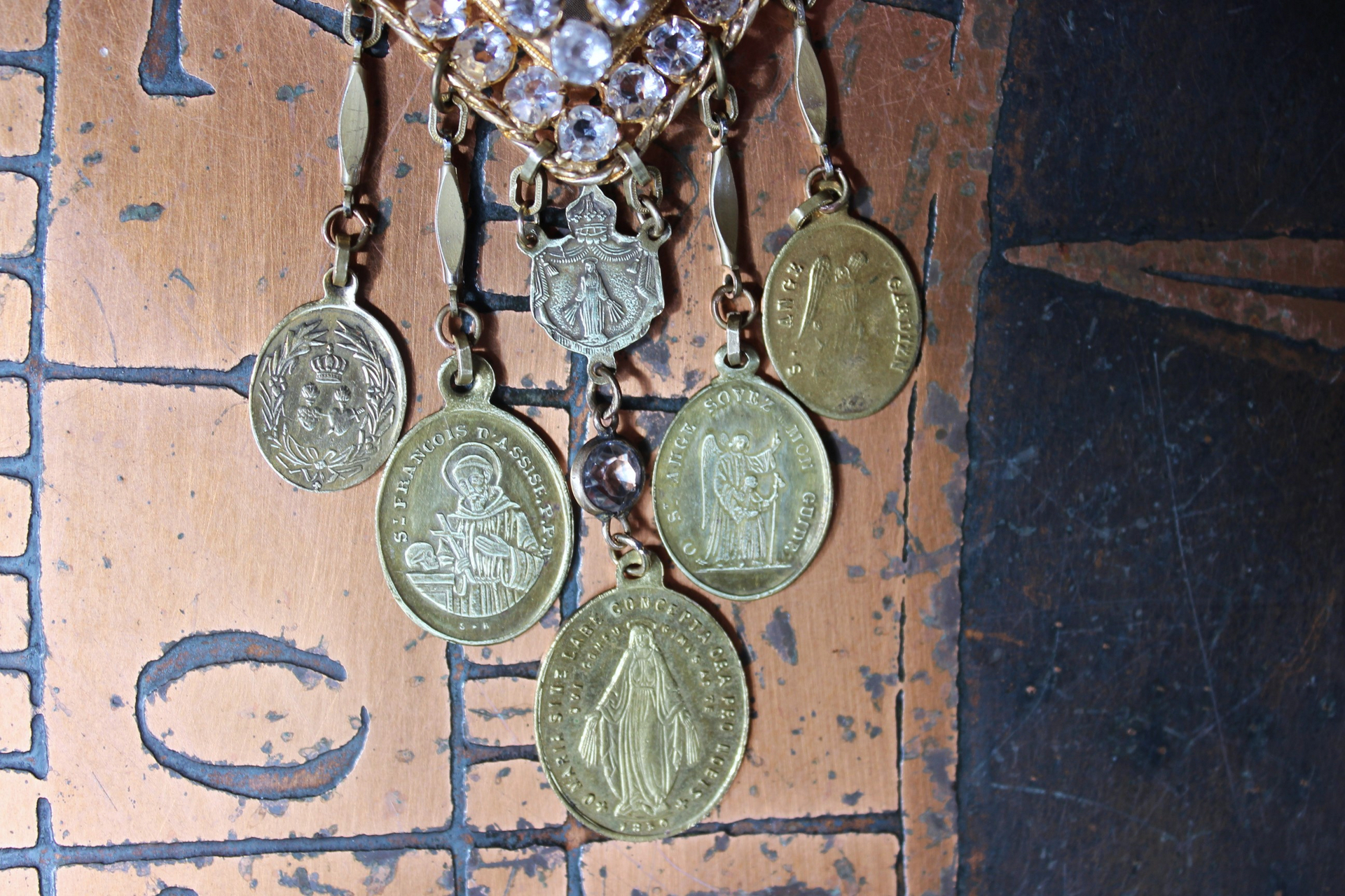 Rare Antique French Ex Voto Rhinestone Locket Necklace with Antique French Medals,Sterling Vermeil Foxtail Chain and 14K Gold Clasp