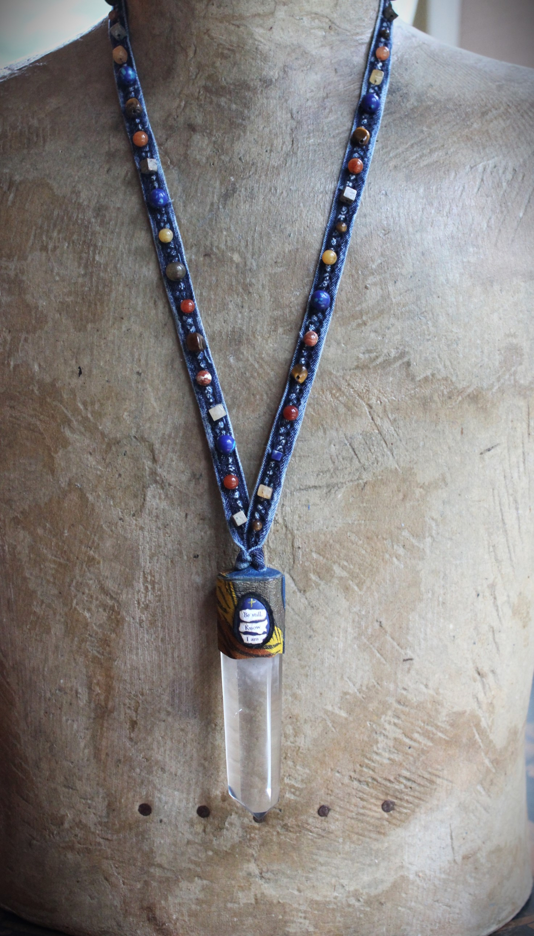 Sold to J The Vision of Enoch Necklace with Clear Quartz Point, Distressed Denim Chain, Handsewn Stones