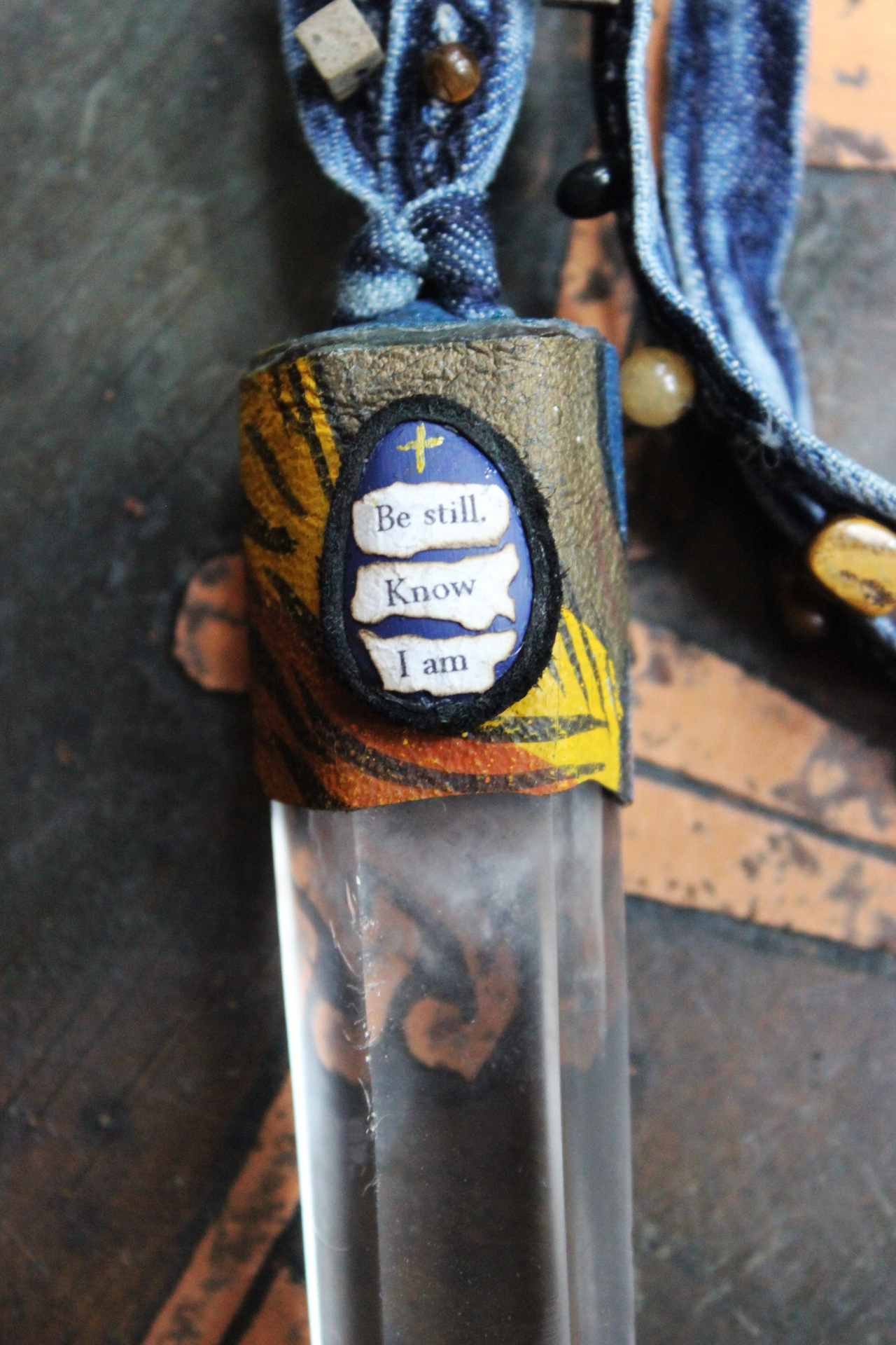 Sold to J The Vision of Enoch Necklace with Clear Quartz Point, Distressed Denim Chain, Handsewn Stones