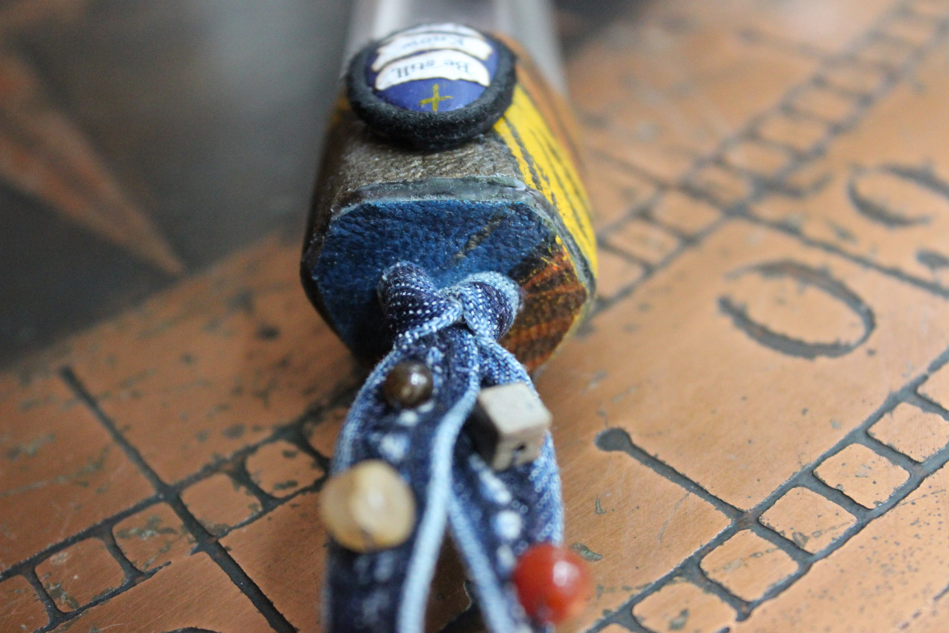 Sold to J The Vision of Enoch Necklace with Clear Quartz Point, Distressed Denim Chain, Handsewn Stones