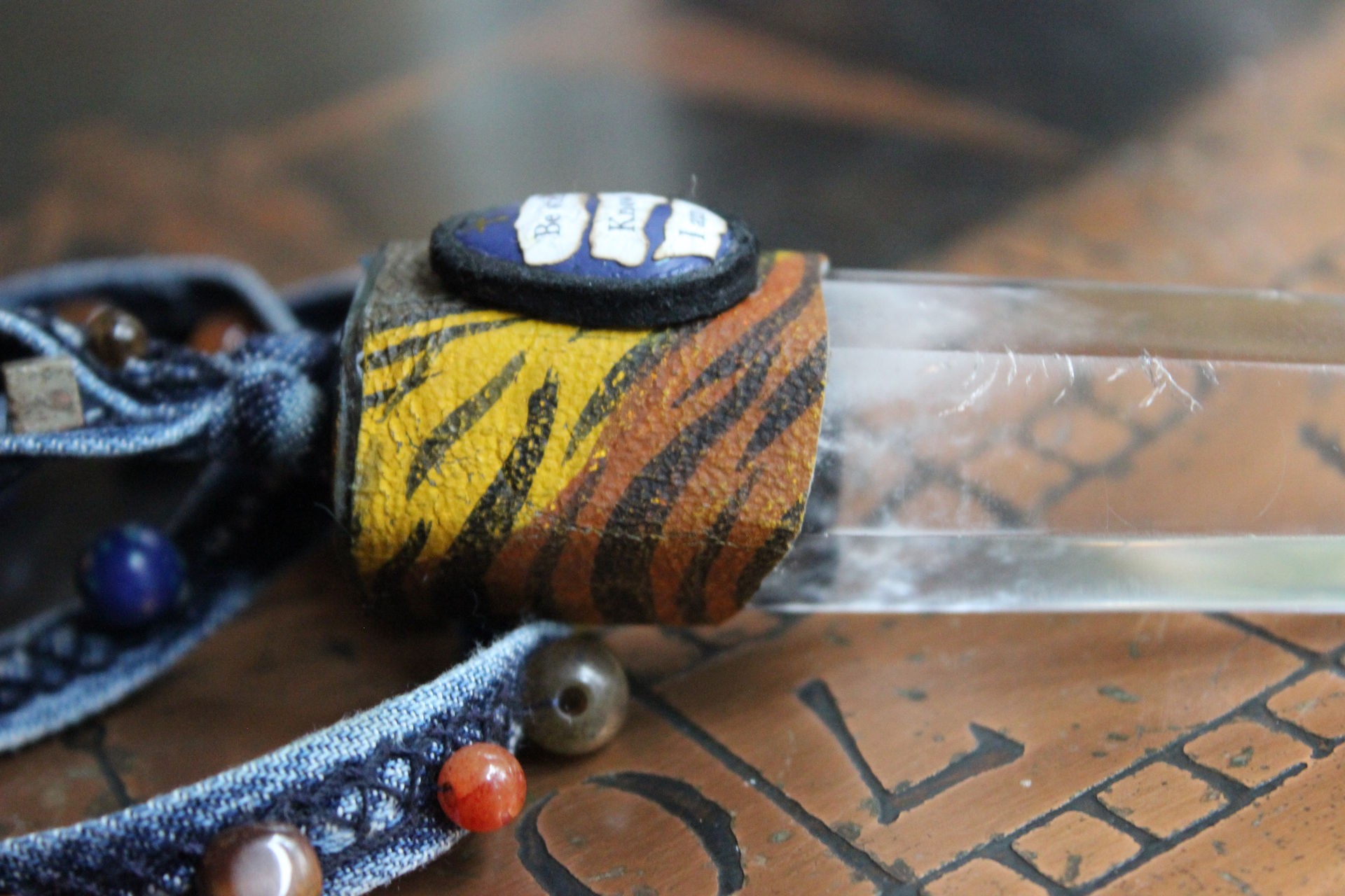 Sold to J The Vision of Enoch Necklace with Clear Quartz Point, Distressed Denim Chain, Handsewn Stones