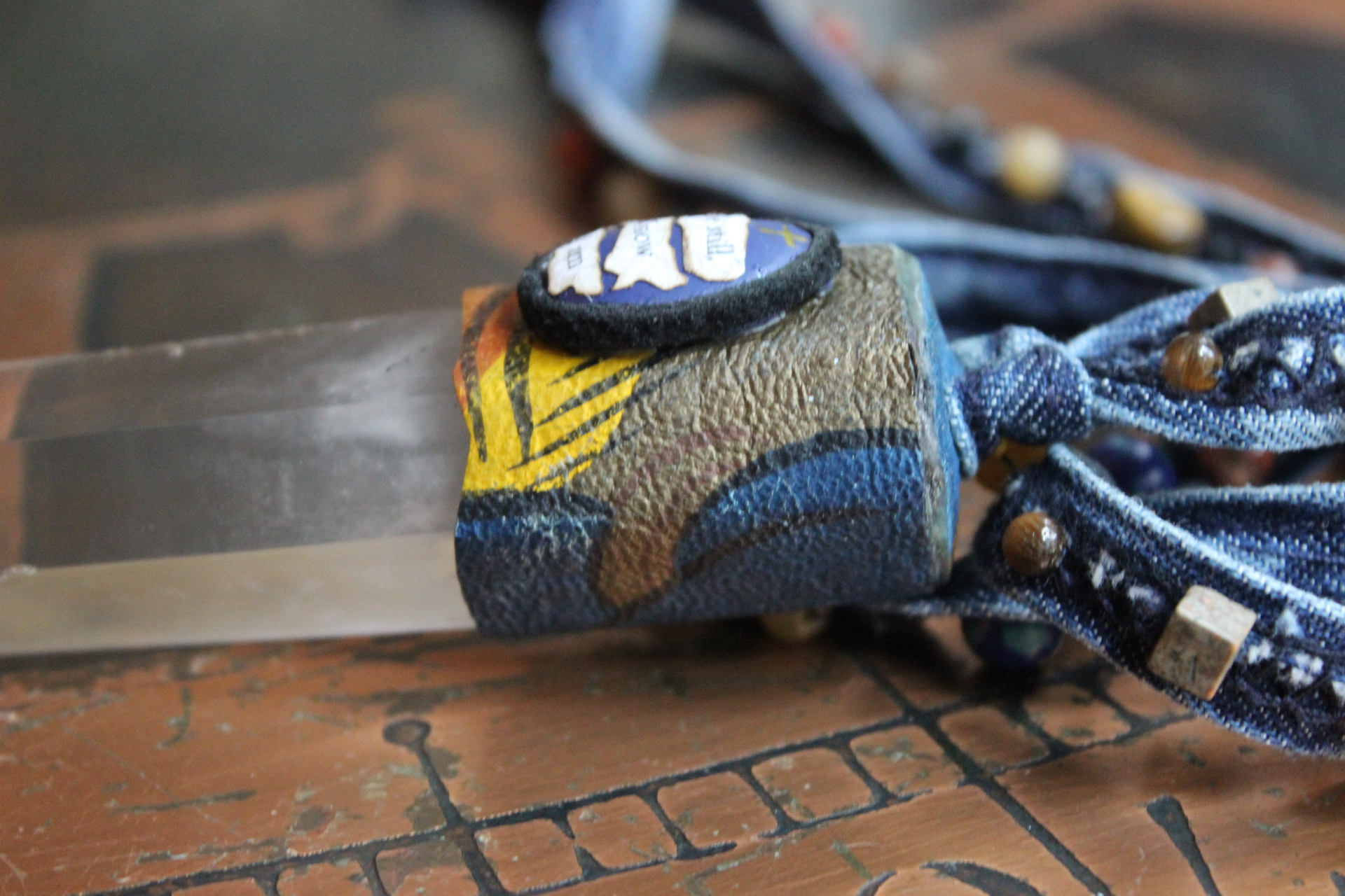 Sold to J The Vision of Enoch Necklace with Clear Quartz Point, Distressed Denim Chain, Handsewn Stones