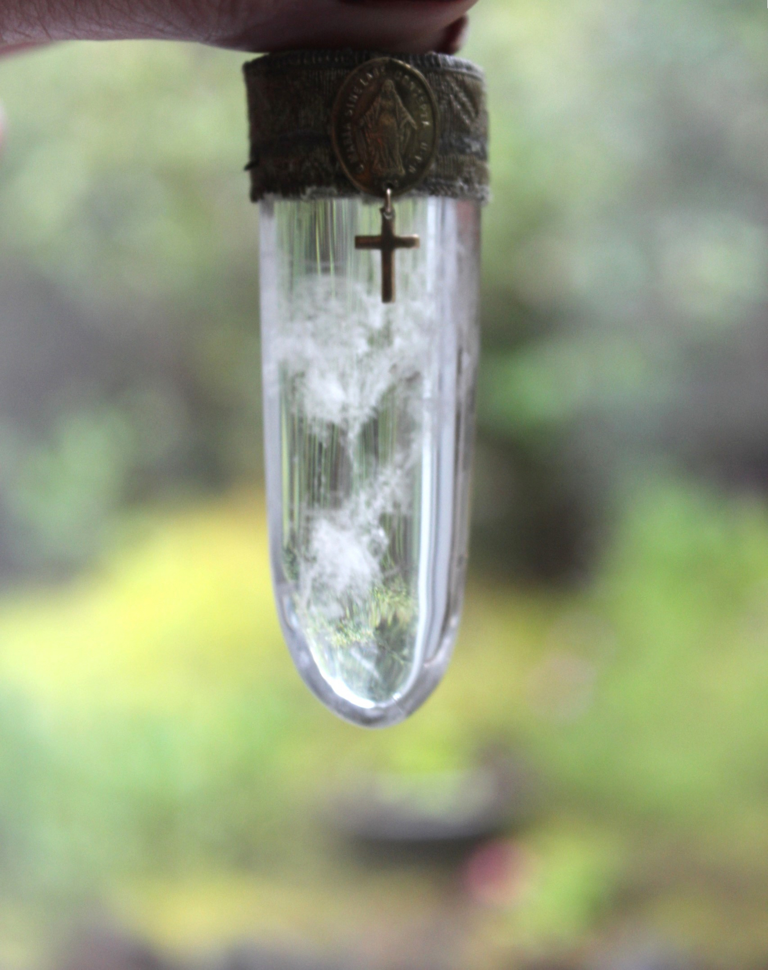 Through You Necklace with Polished Clear Ghost Quartz Pendant, Antique French Vestment Trim, and 22 Antique French Medals