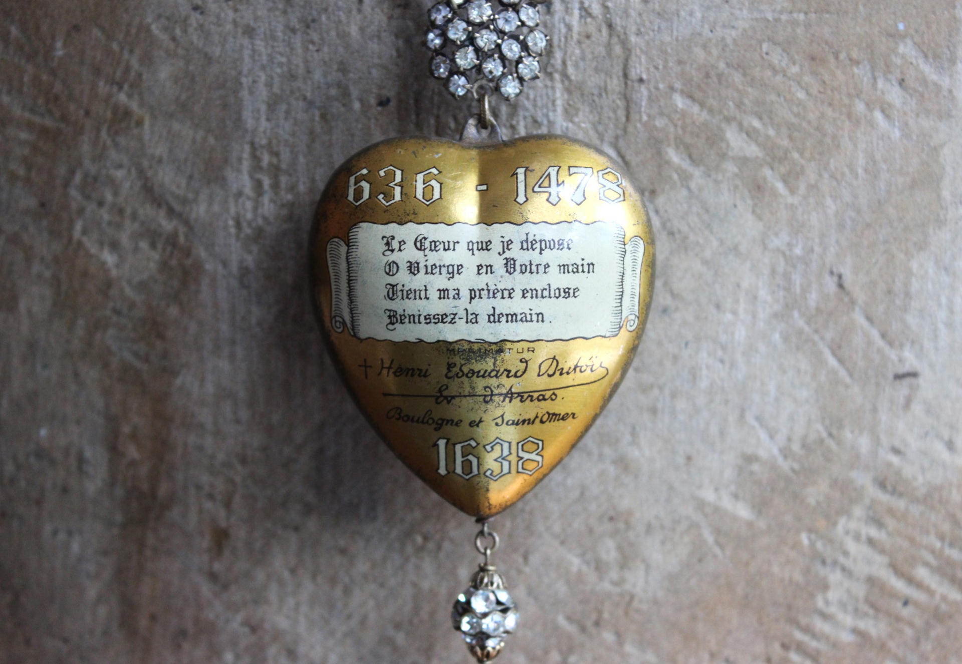 Rare 1938 French Sacred Heart Locket Necklace with 2 Antique Scapulars,Vintage Faceted Rhinestone Connectors and Chain Tassel