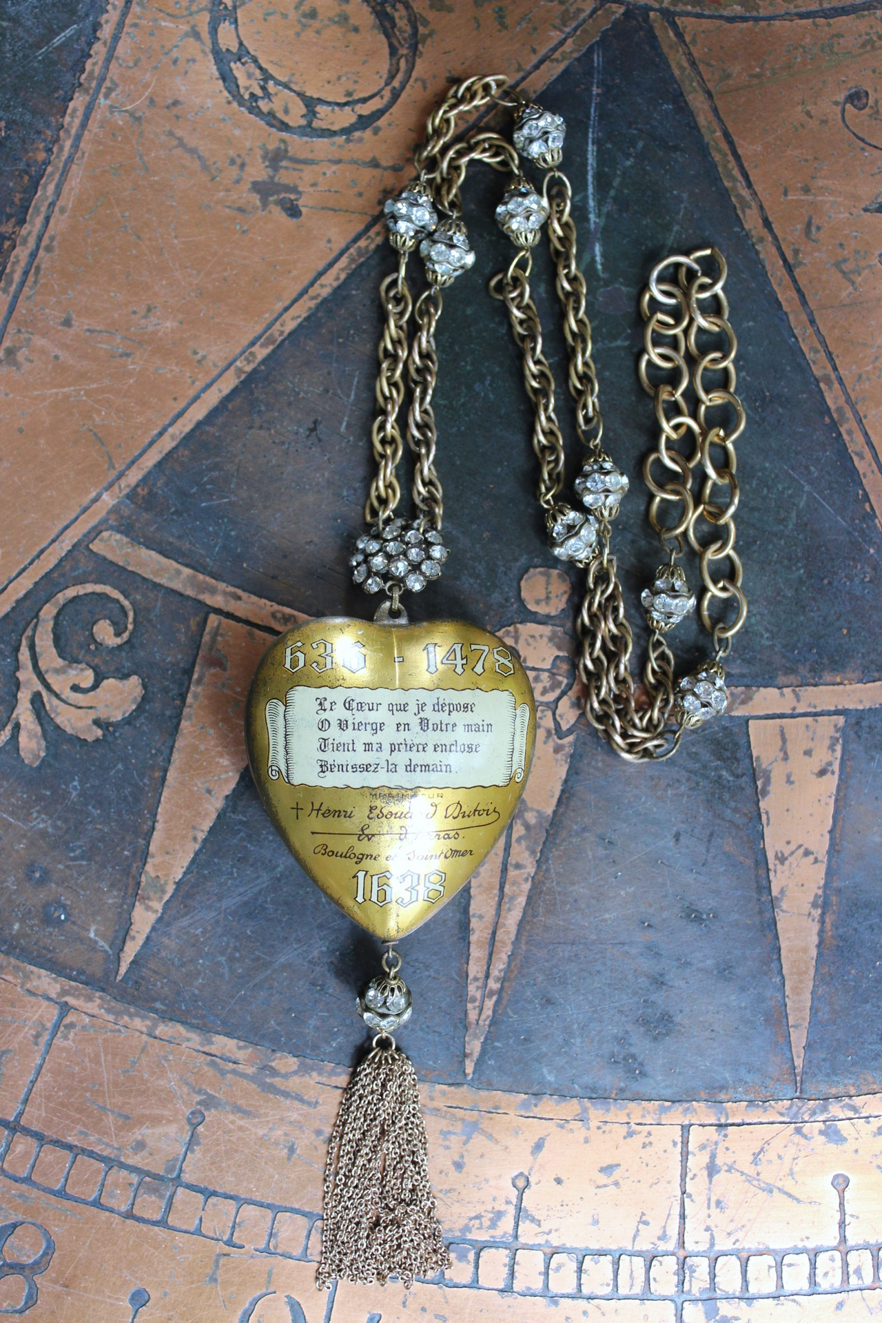 NEW! Rare 1938 French Sacred Heart Locket Necklace with 2 Antique Scapulars,Vintage Faceted Rhinestone Connectors and Chain Tassel