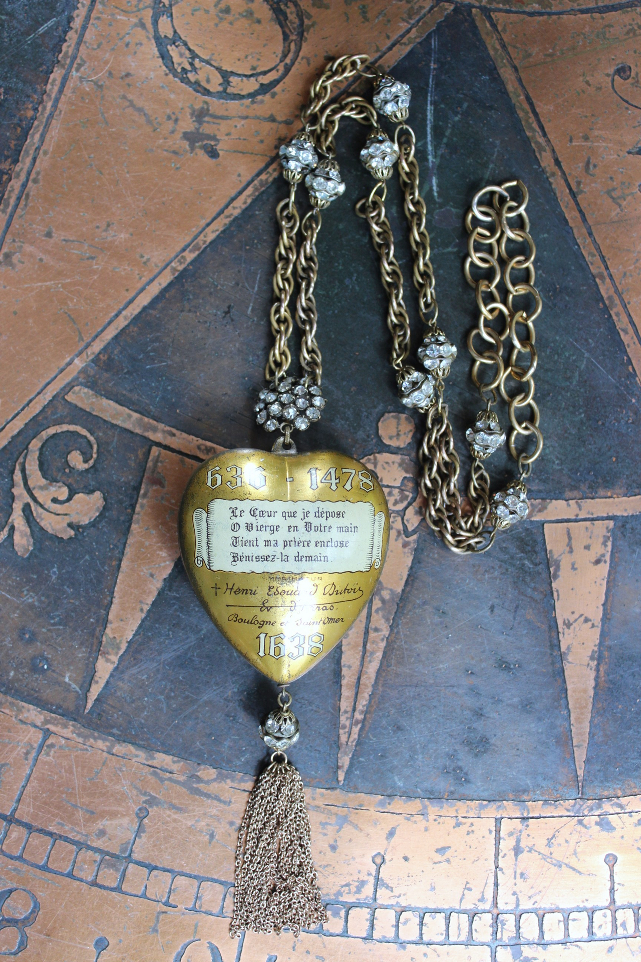 Rare 1938 French Sacred Heart Locket Necklace with 2 Antique Scapulars,Vintage Faceted Rhinestone Connectors and Chain Tassel