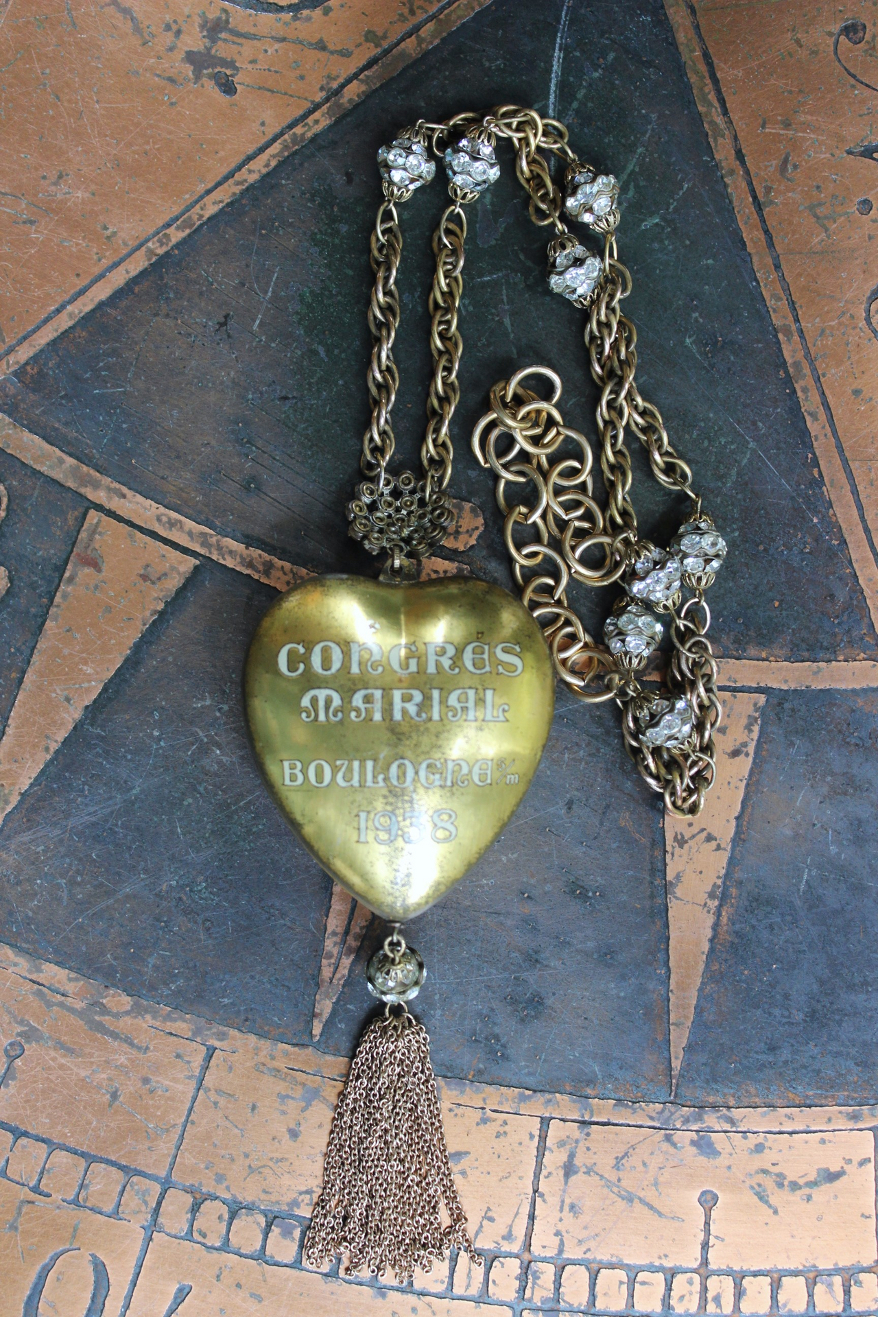 Rare 1938 French Sacred Heart Locket Necklace with 2 Antique Scapulars,Vintage Faceted Rhinestone Connectors and Chain Tassel