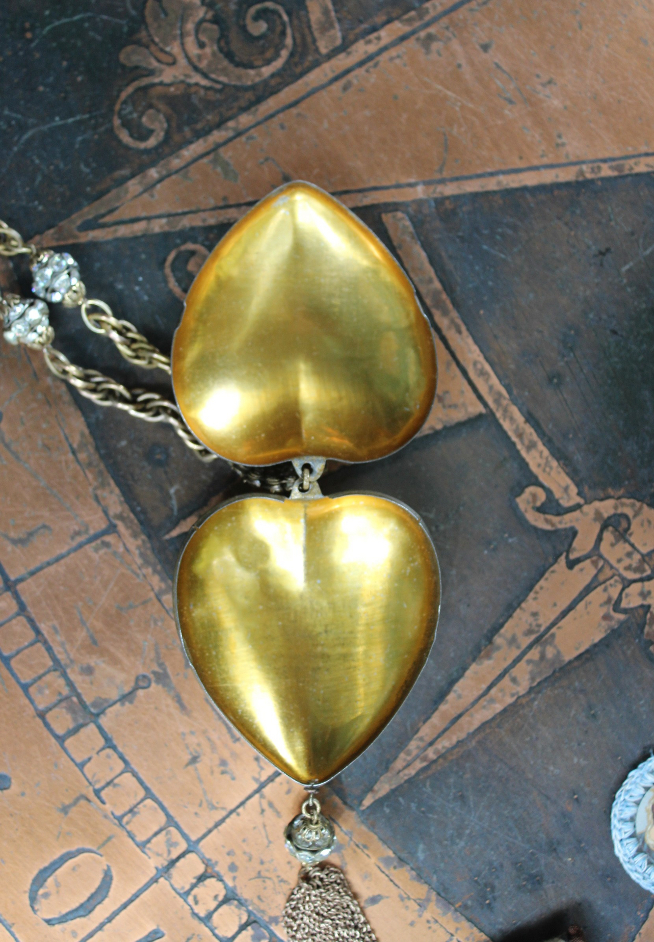 Rare 1938 French Sacred Heart Locket Necklace with 2 Antique Scapulars,Vintage Faceted Rhinestone Connectors and Chain Tassel