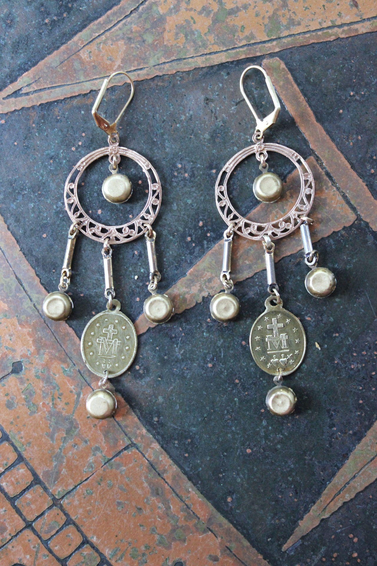 Antique French Marian Medal Earrings with Vintage Findings,Cup and Prong Set Faceted Rhinestones,Leverback Earring Wires