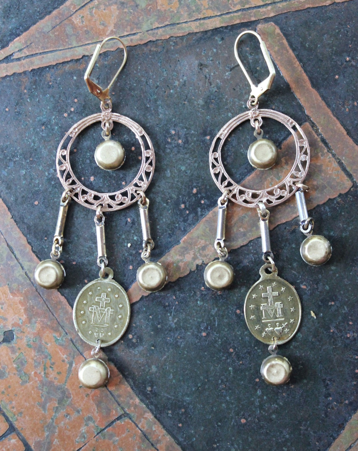 Antique French Marian Medal Earrings with Vintage Findings,Cup and Prong Set Faceted Rhinestones,Leverback Earring Wires