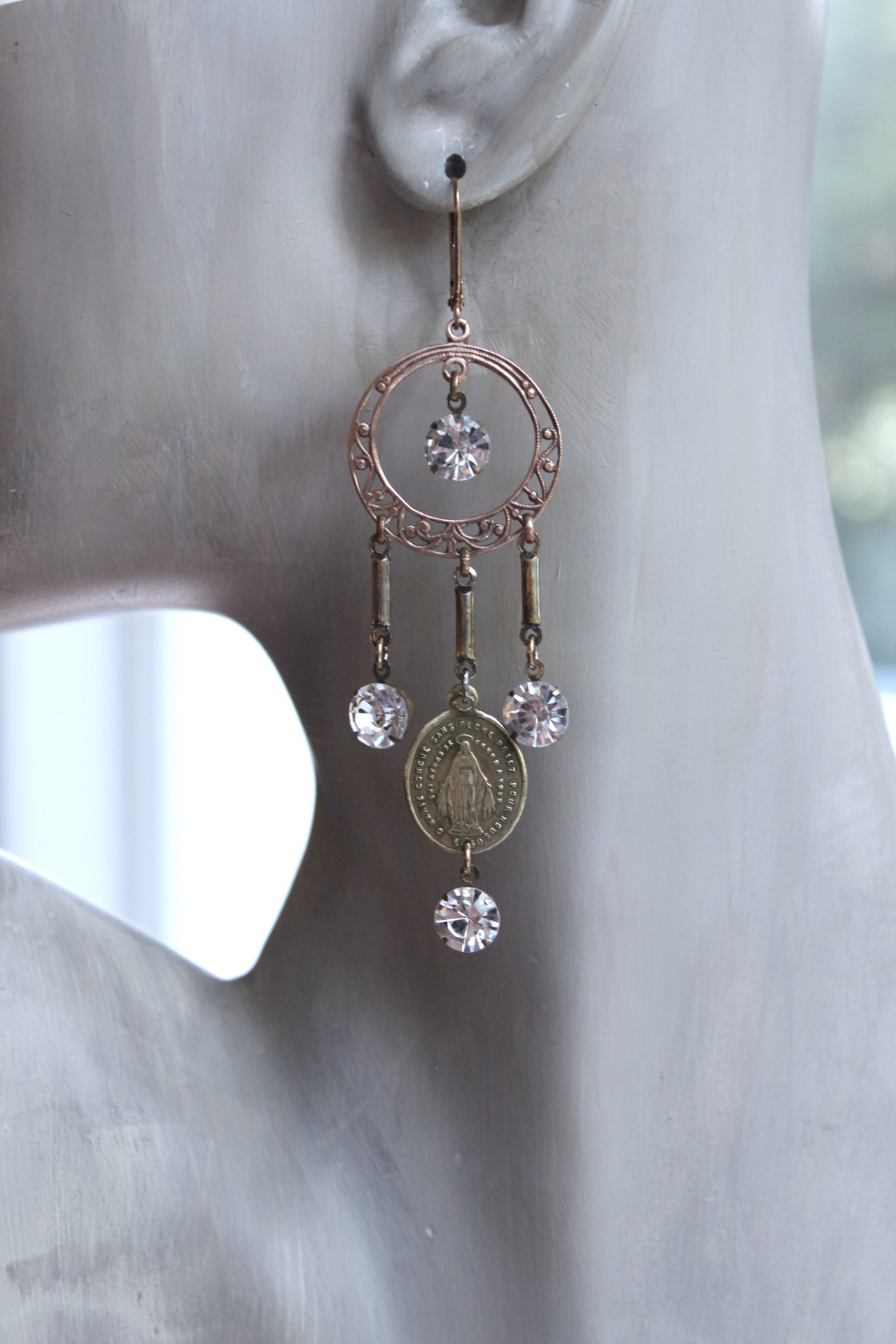 Antique French Marian Medal Earrings with Vintage Findings,Cup and Prong Set Faceted Rhinestones,Leverback Earring Wires