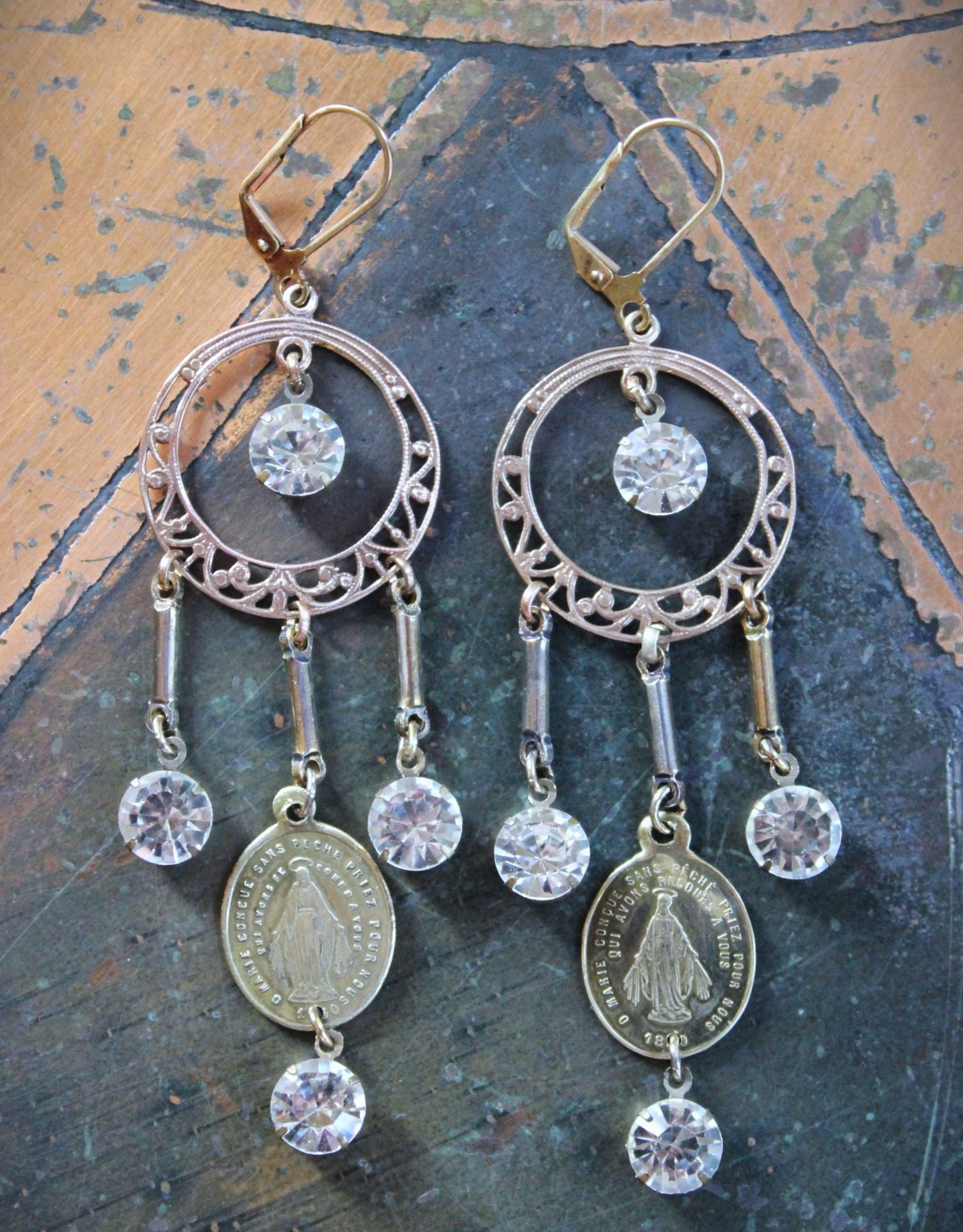 Antique French Marian Medal Earrings with Vintage Findings,Cup and Prong Set Faceted Rhinestones,Leverback Earring Wires