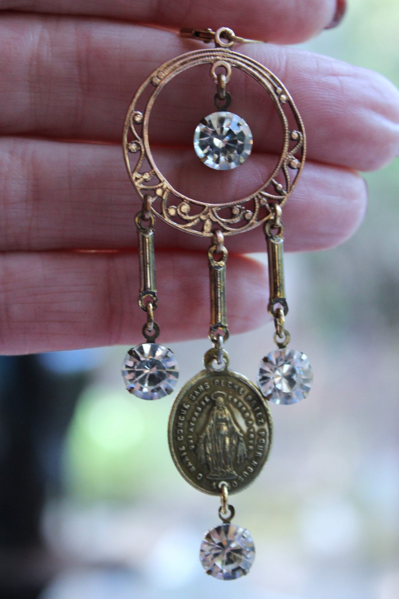 Antique French Marian Medal Earrings with Vintage Findings,Cup and Prong Set Faceted Rhinestones,Leverback Earring Wires