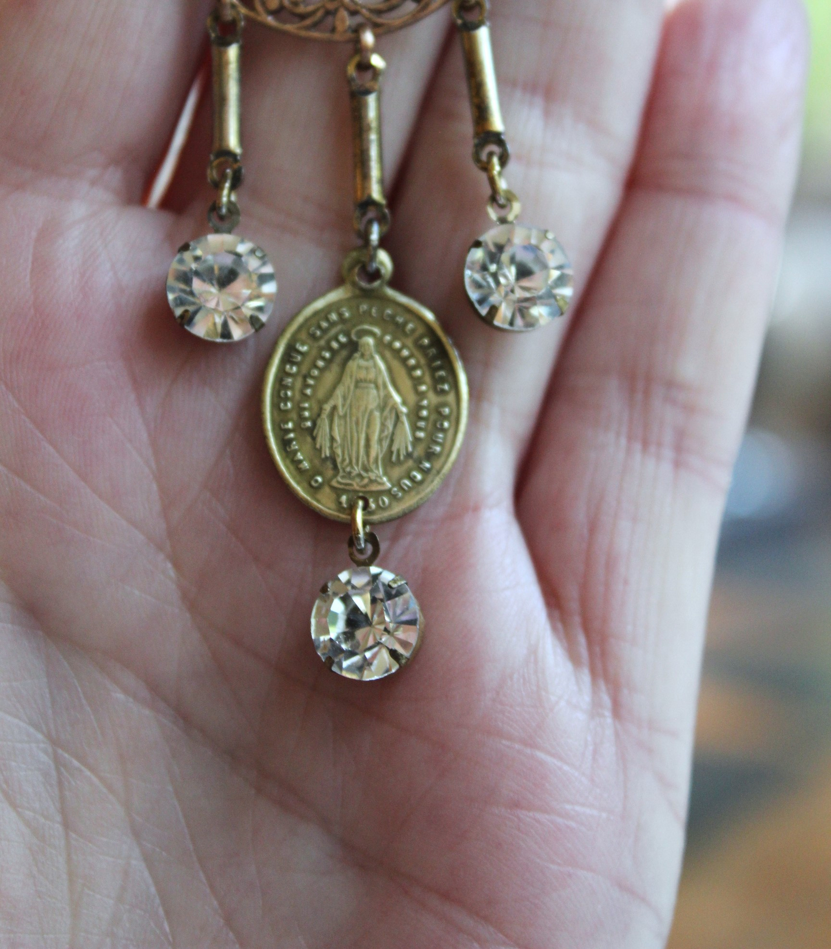Antique French Marian Medal Earrings with Vintage Findings,Cup and Prong Set Faceted Rhinestones,Leverback Earring Wires
