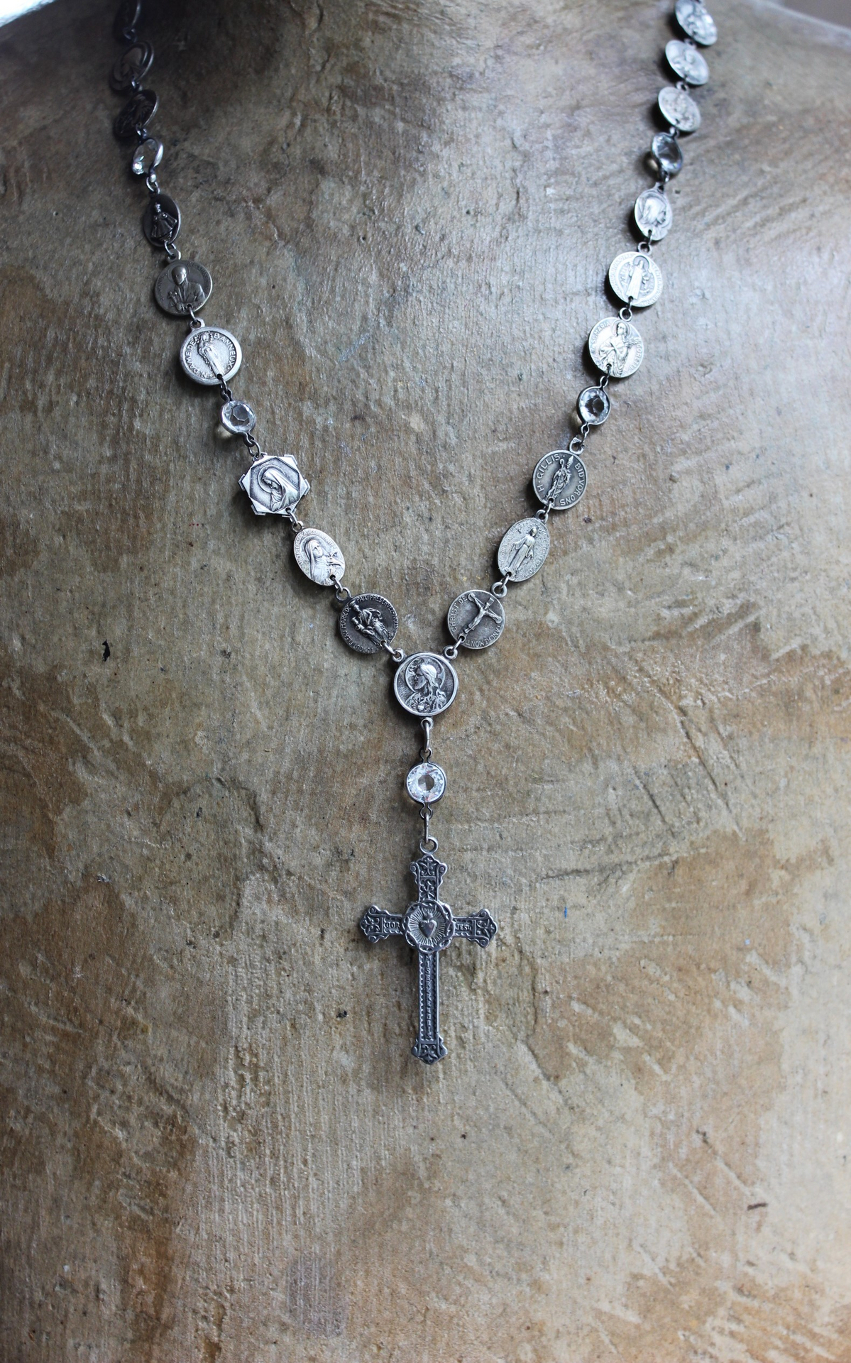 Antique French Flaming Heart Cross Necklace with 30 Antique Medals,Antique Sacred Heart of Jesus Rosary Connector & Bezel Set Crystals