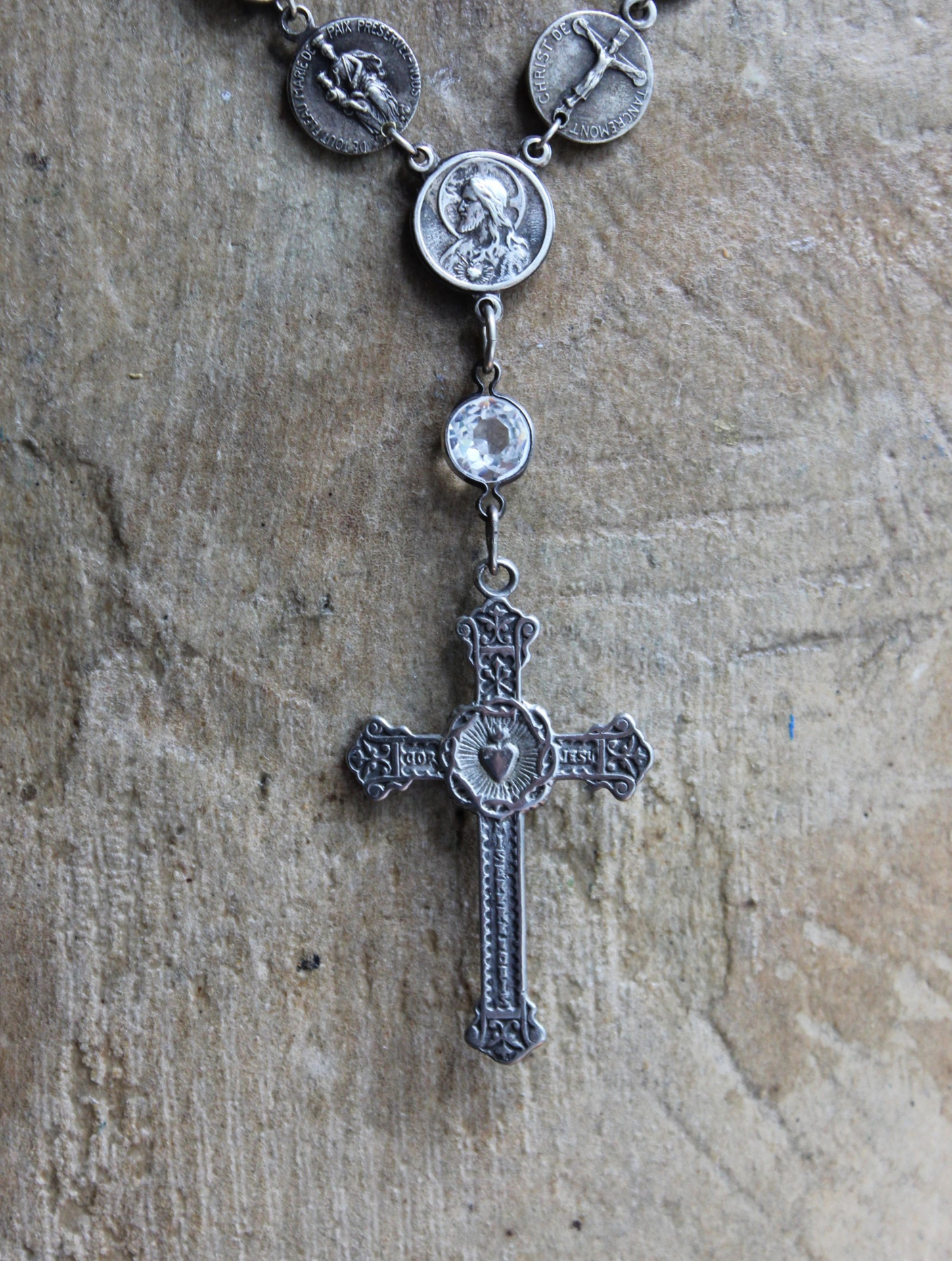 Antique French Flaming Heart Cross Necklace with 30 Antique Medals,Antique Sacred Heart of Jesus Rosary Connector & Bezel Set Crystals