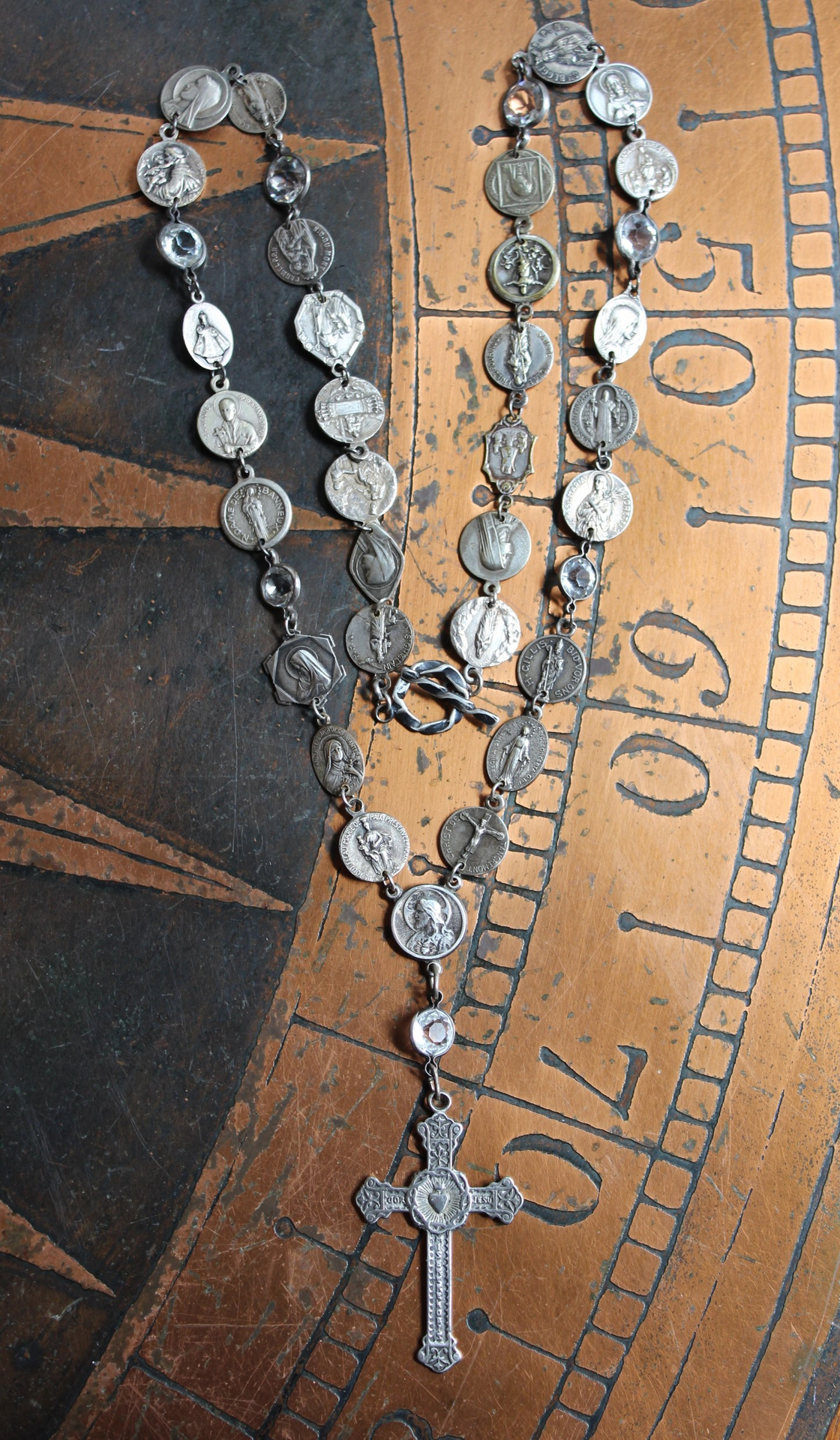 Antique French Flaming Heart Cross Necklace with 30 Antique Medals,Antique Sacred Heart of Jesus Rosary Connector & Bezel Set Crystals
