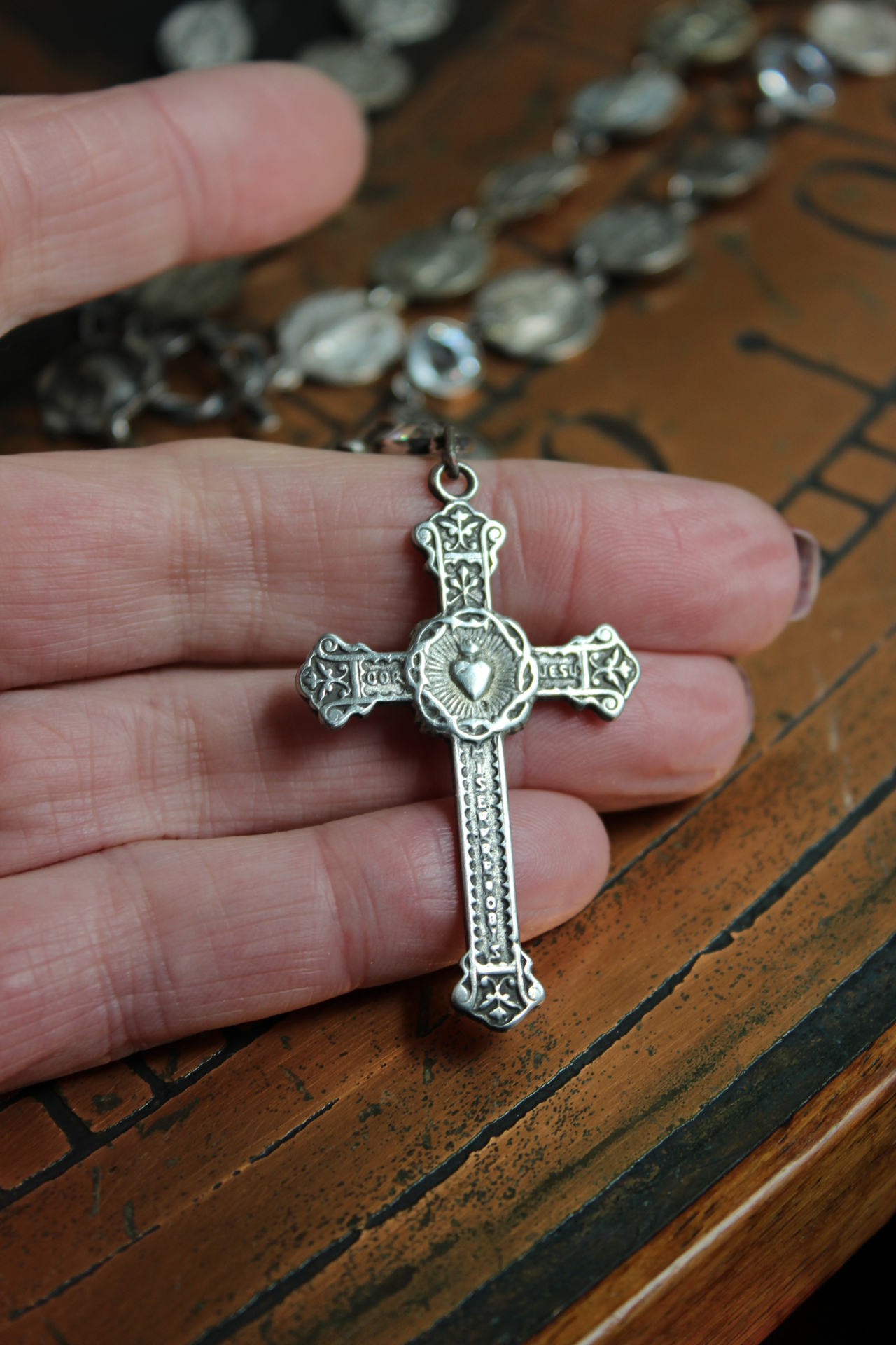 Antique French Flaming Heart Cross Necklace with 30 Antique Medals,Antique Sacred Heart of Jesus Rosary Connector & Bezel Set Crystals