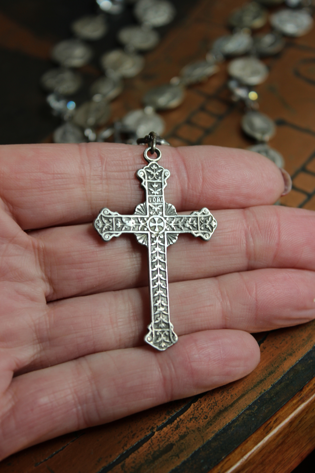 Antique French Flaming Heart Cross Necklace with 30 Antique Medals,Antique Sacred Heart of Jesus Rosary Connector & Bezel Set Crystals