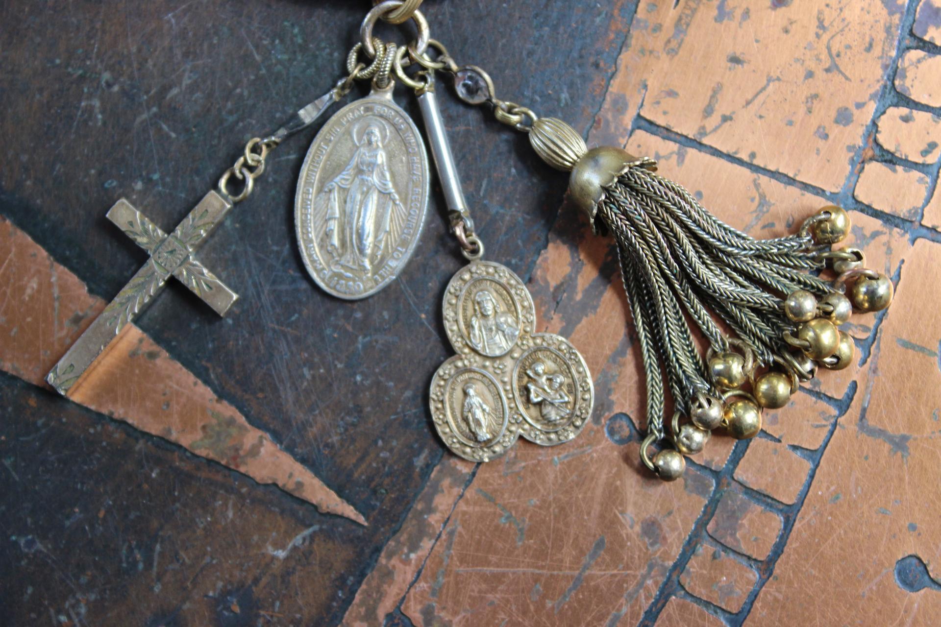 14K Italian Gold Bangle Bracelet w/Antique Marian Medal,Antique Foxtail Tassel,Rare Antique Sterling Vermeil Scapular Medal & Antique Engraved Rolled Gold Cross