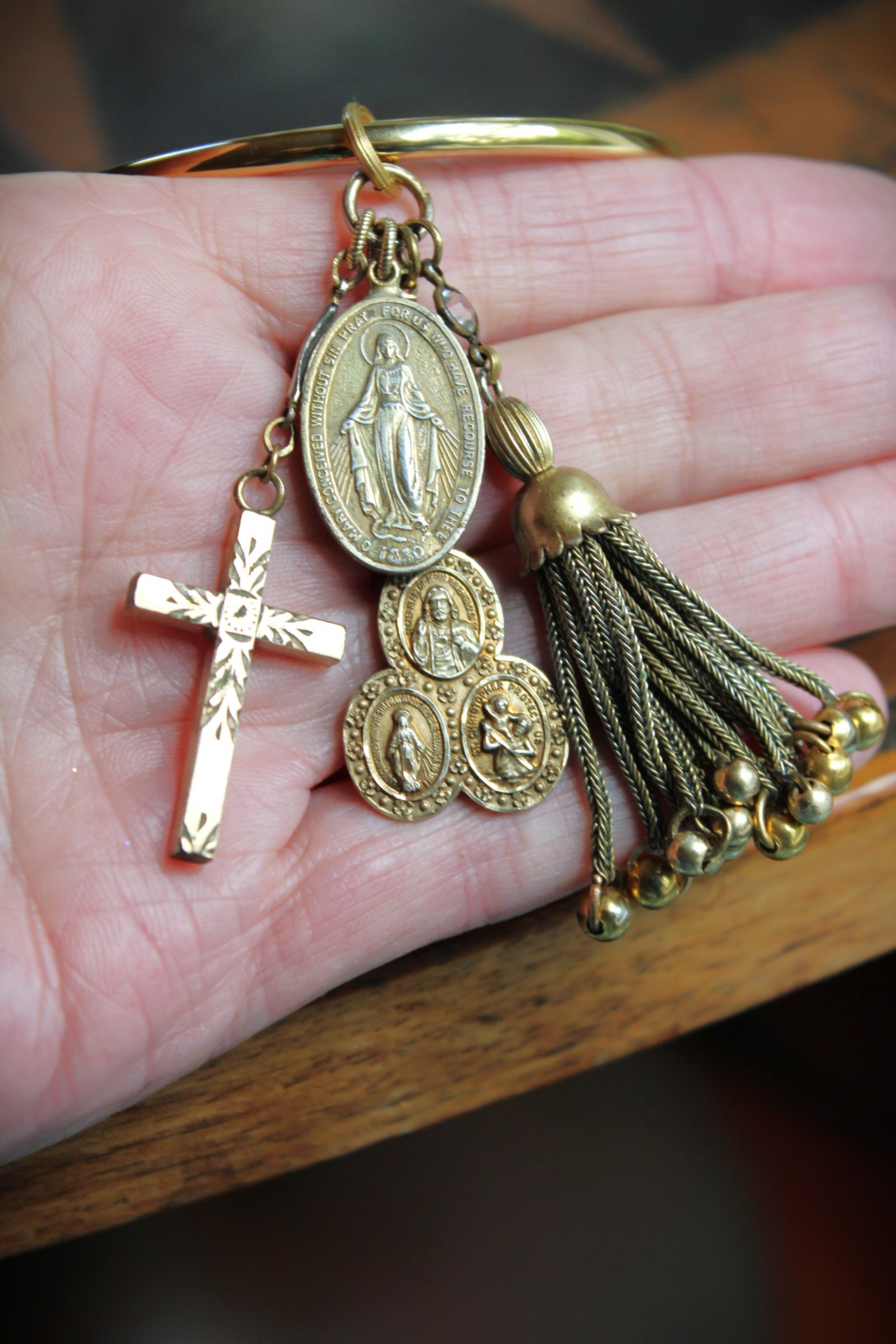 14K Italian Gold Bangle Bracelet w/Antique Marian Medal,Antique Foxtail Tassel,Rare Antique Sterling Vermeil Scapular Medal & Antique Engraved Rolled Gold Cross