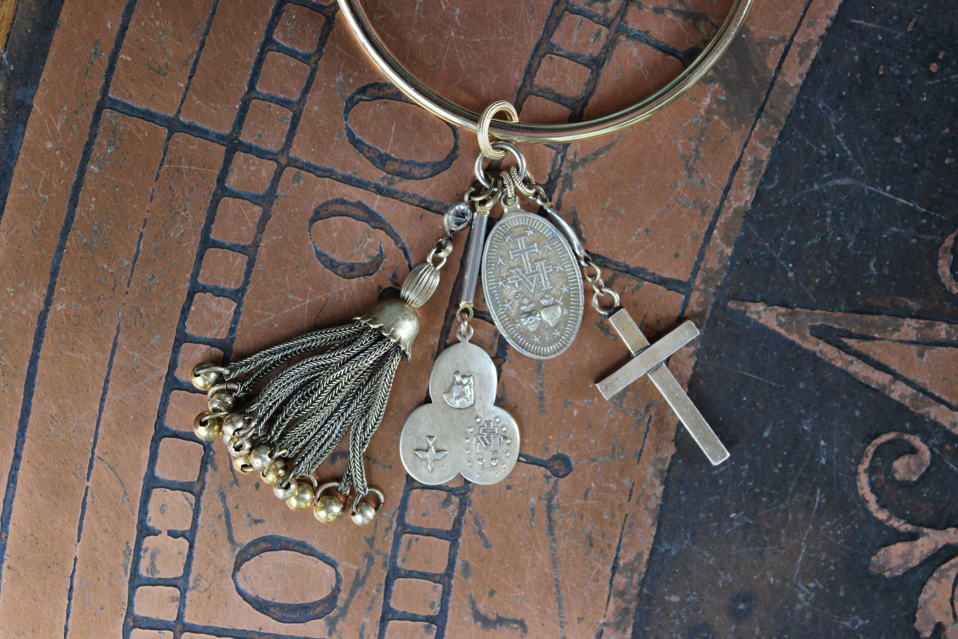 14K Italian Gold Bangle Bracelet w/Antique Marian Medal,Antique Foxtail Tassel,Rare Antique Sterling Vermeil Scapular Medal & Antique Engraved Rolled Gold Cross