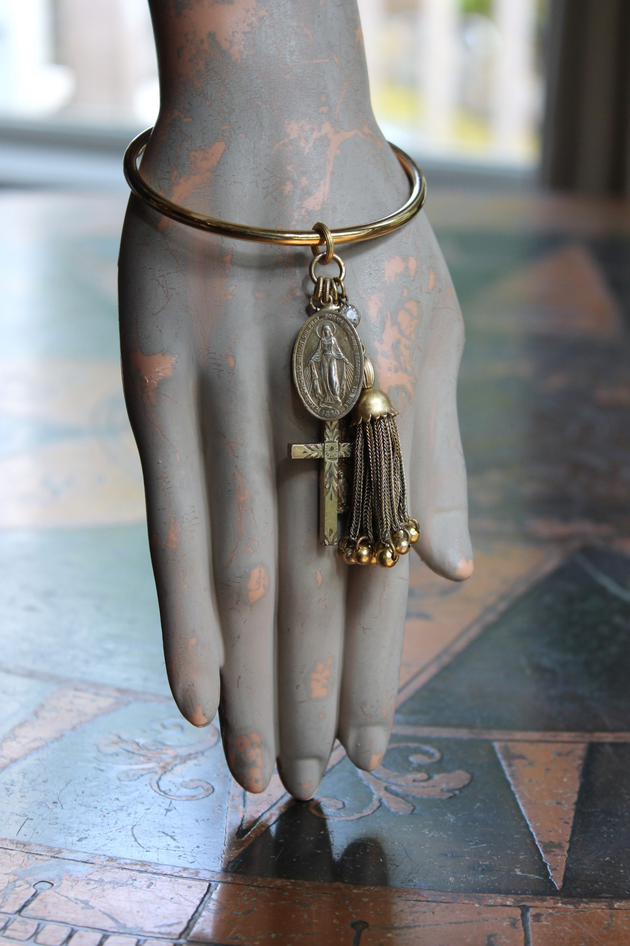14K Italian Gold Bangle Bracelet w/Antique Marian Medal,Antique Foxtail Tassel,Rare Antique Sterling Vermeil Scapular Medal & Antique Engraved Rolled Gold Cross